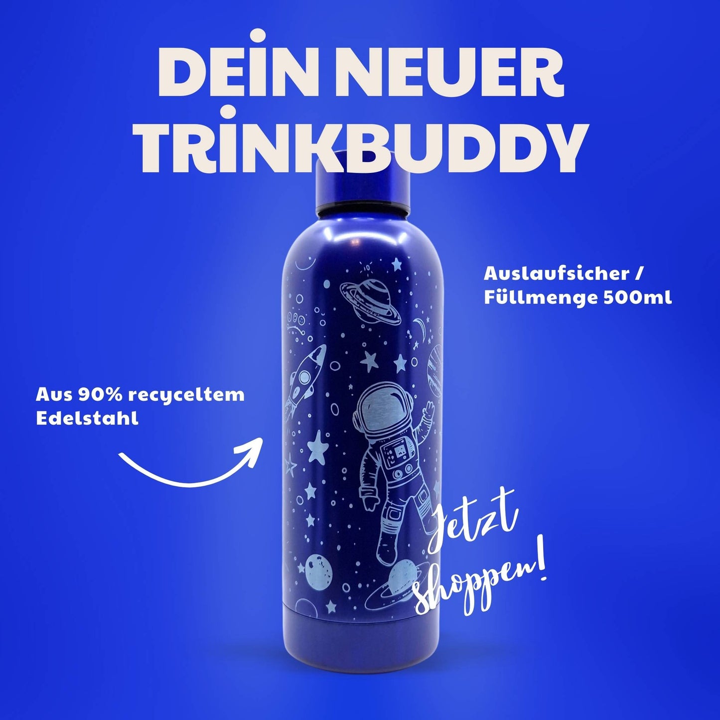 Blaue Isolierflasche aus Edelstahl mit einem Astronauten im Weltall