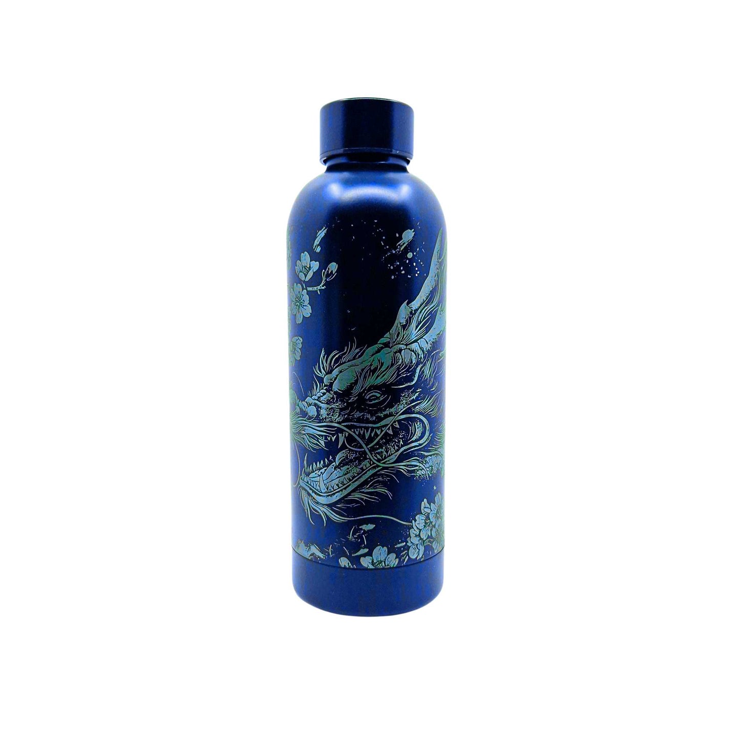 Blaue Trinkflasche aus Edelstahl mit einem Drachen