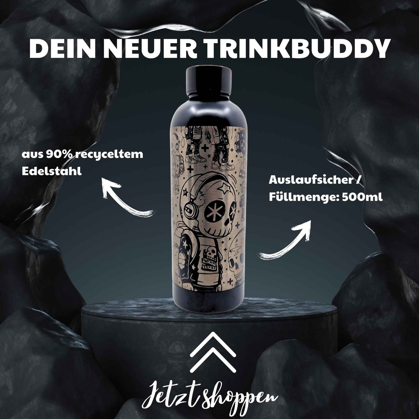 Schwarze Trinkflasche aus Edelstahl mit einem Hip-Hop Motiv