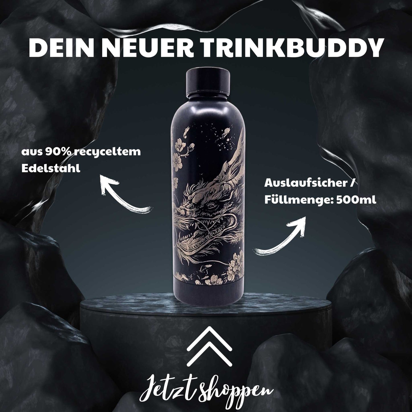 Schwarze Trinkflasche aus Edelstahl mit einem Drachen