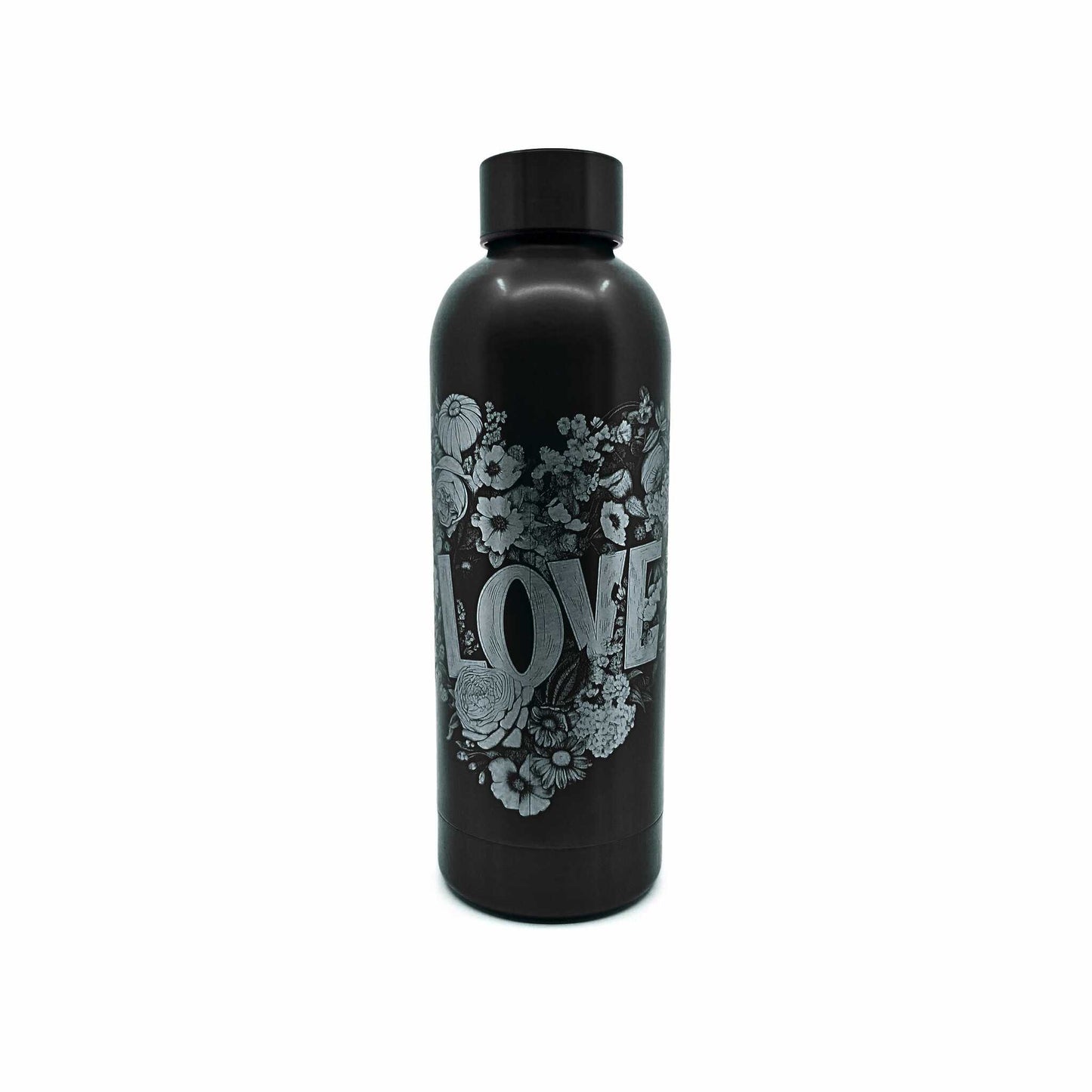 Schwarze Trinkflasche aus Edelstahl mit einem Herz aus Blumen und dem Schriftzug Love