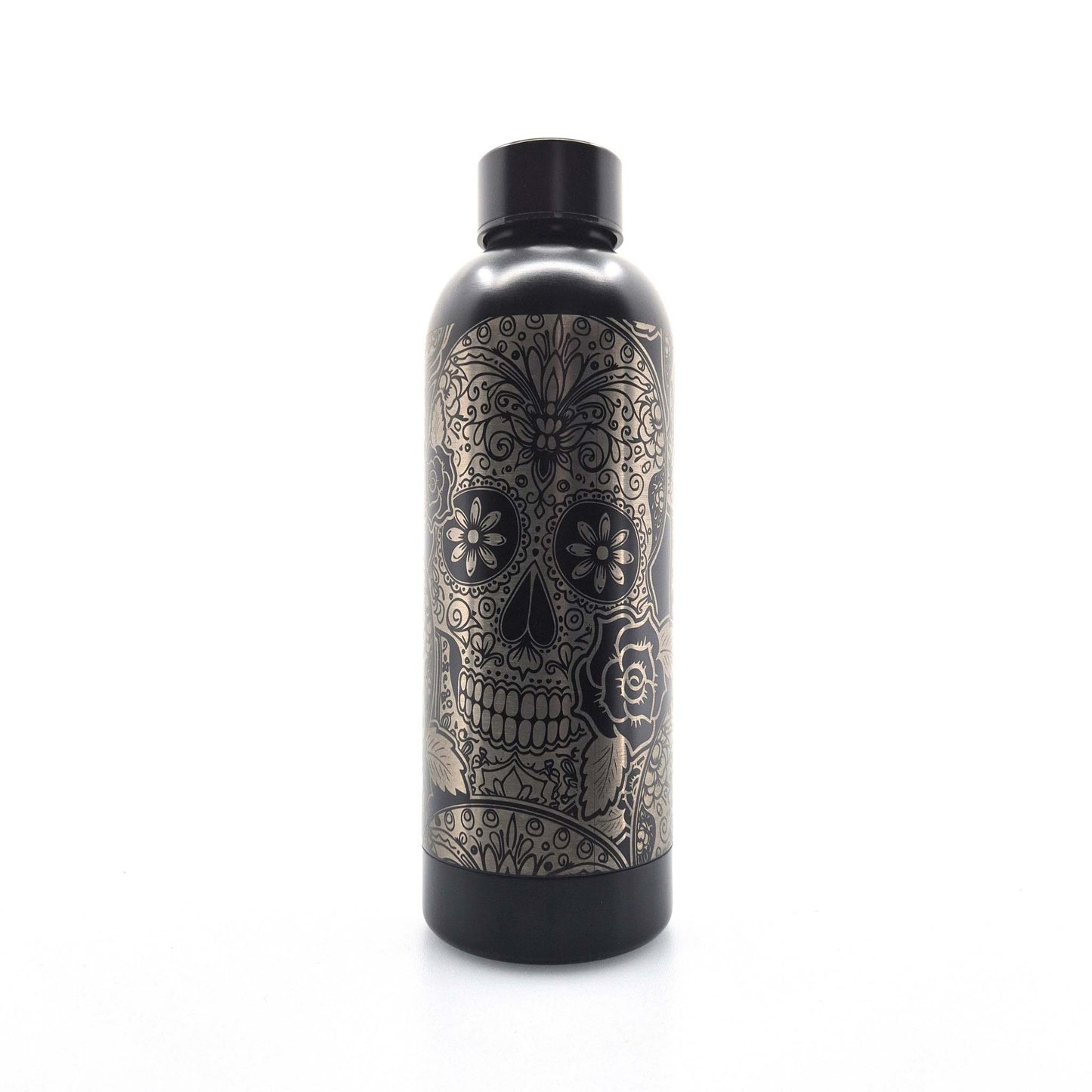 Schwarze Trinkflasche aus Edelstahl mit Totenkopfmotiv