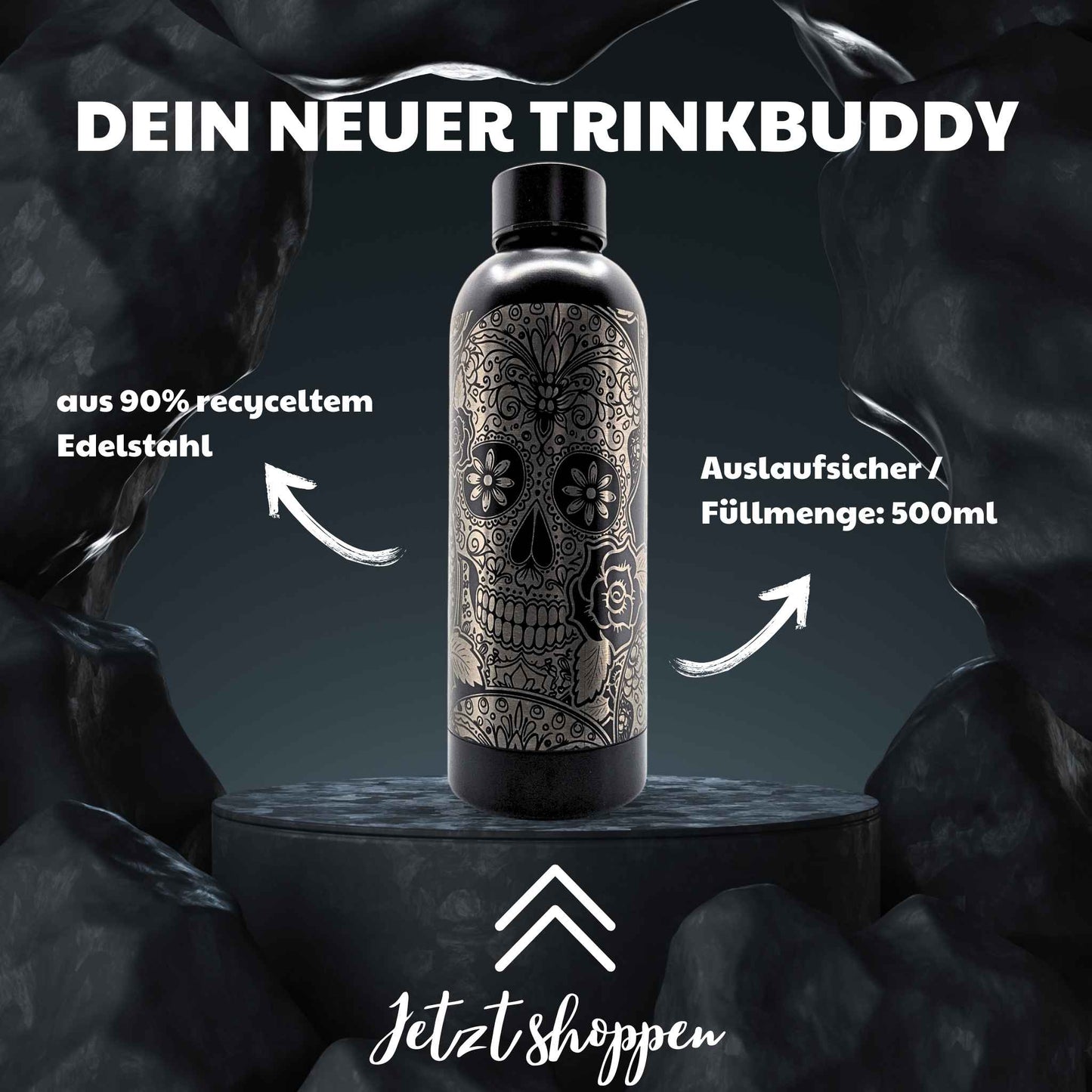 Schwarze Trinkflasche aus Edelstahl mit Totenkopfmotiv