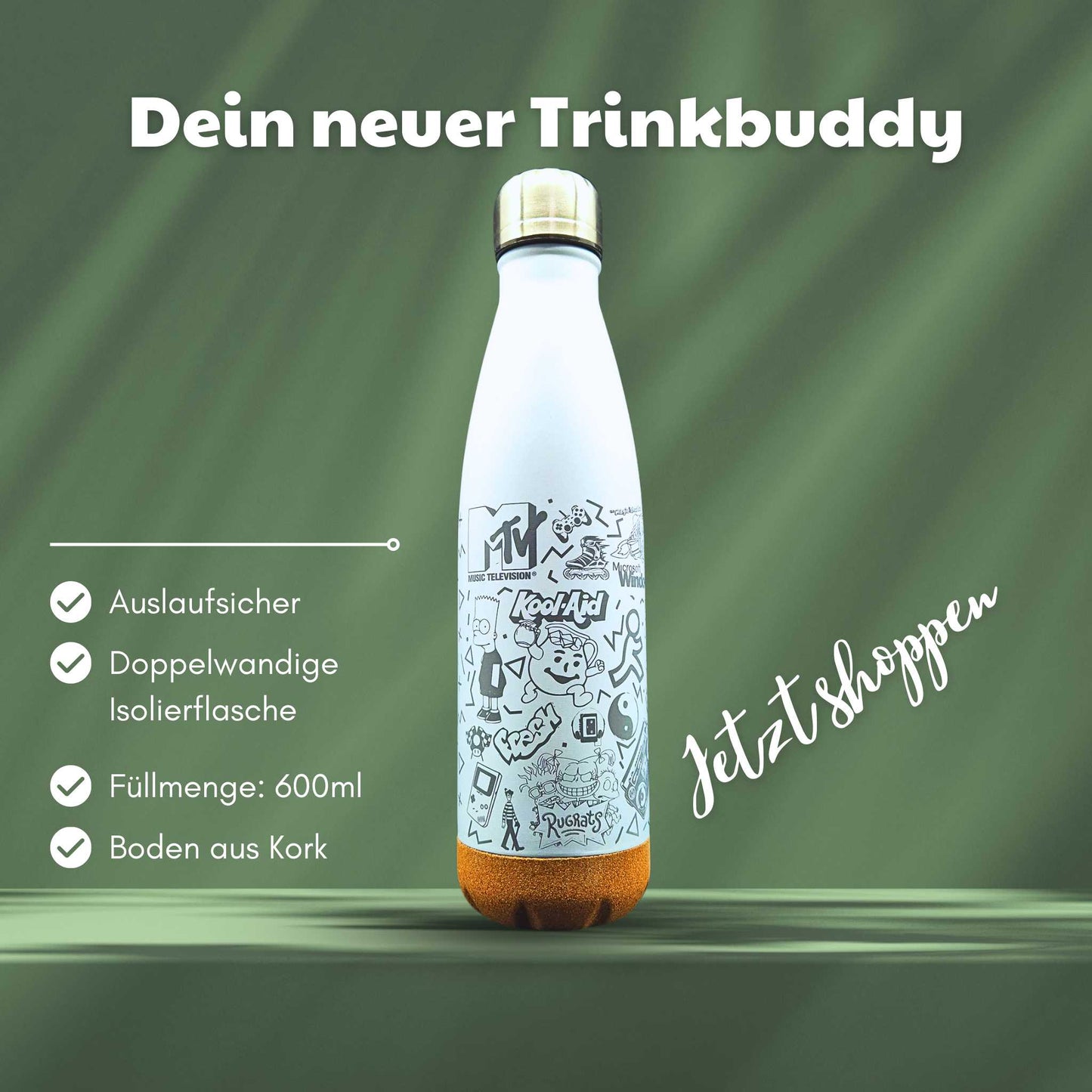Eine weiße Trinkflasche mit stylischem 90er Jahre Motiv