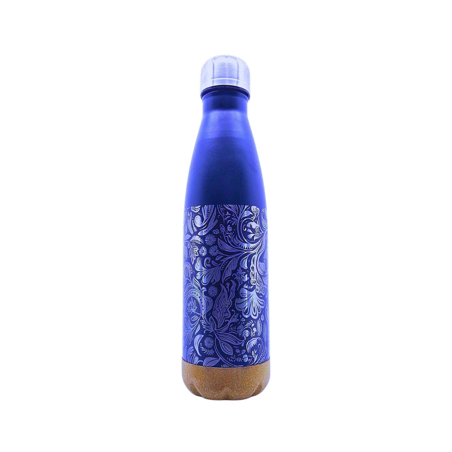 Eine blaue Isolierflasche mit Korkboden und einem Motiv von Blumen auf der Flasche