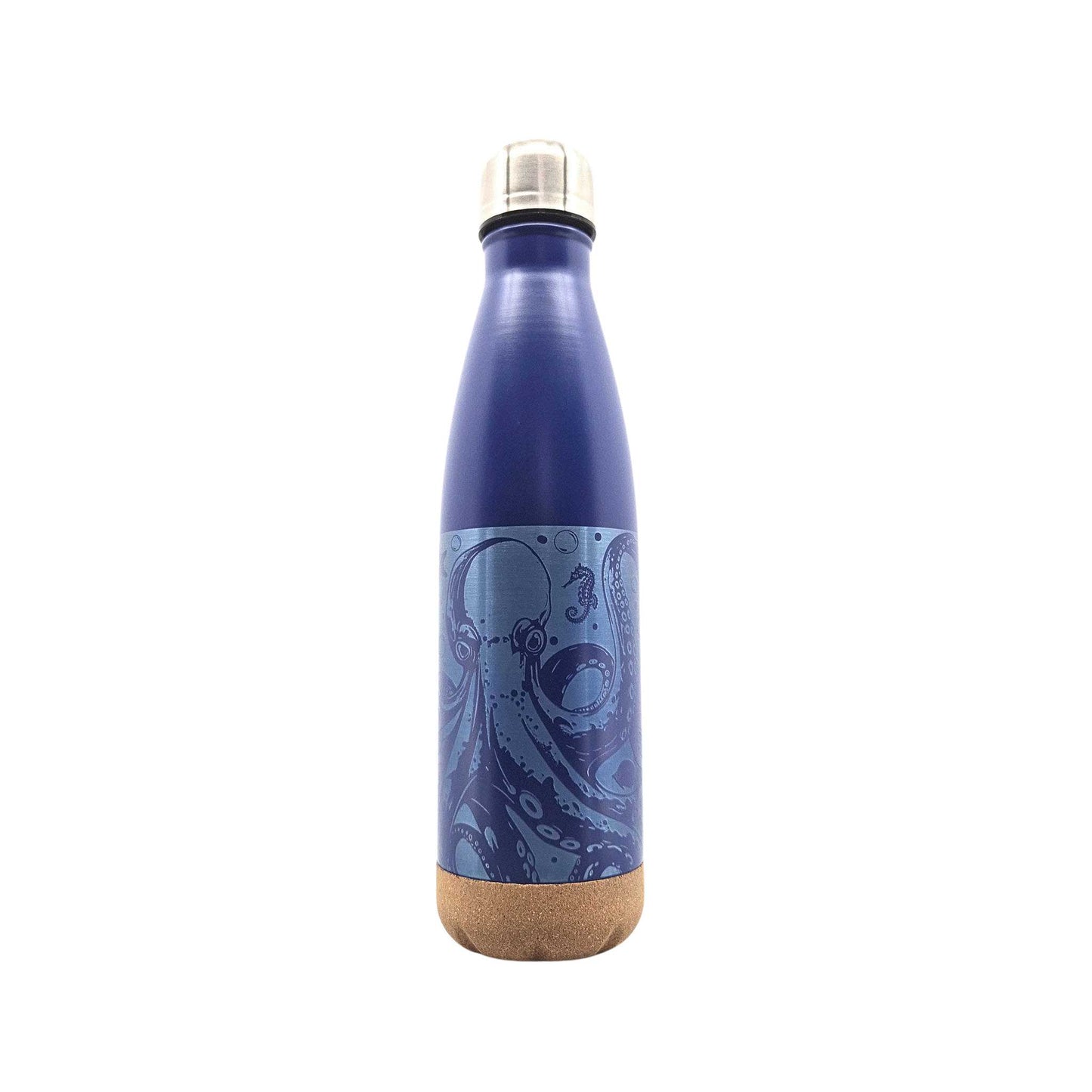 Blaue Isolierflasche mit Korkboden und einem Motiv eines Oktopus auf der Flasche