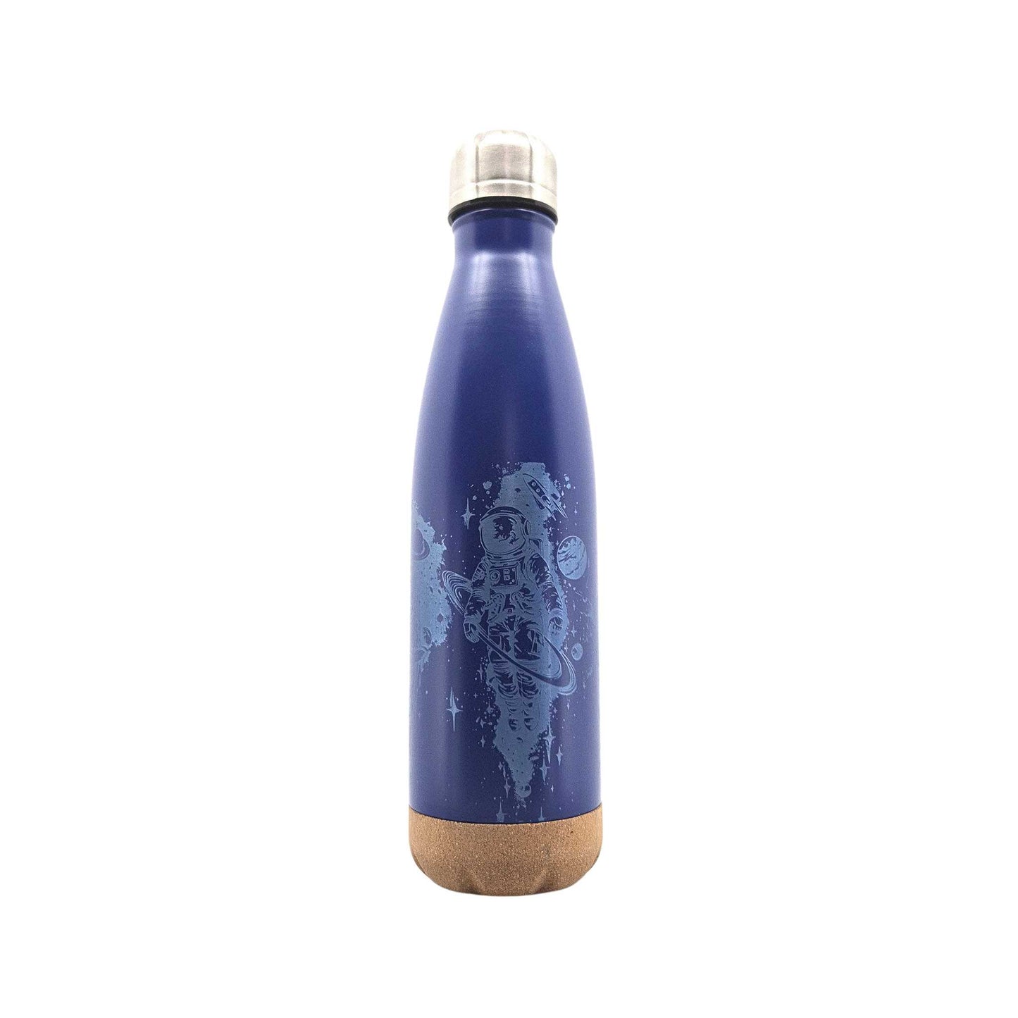 Blaue Isolierflasche mit Korkboden und einem Motiv eines Astronauts im Weltall