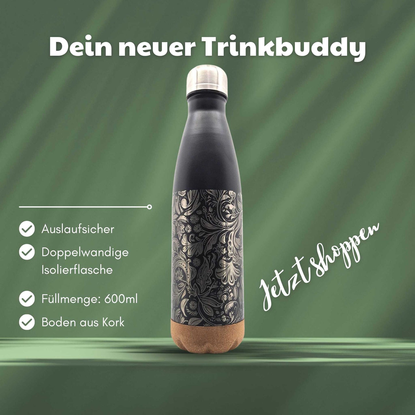 Eine schwarze Isolierflasche mit Korkboden und einem Motiv von Blumen auf der Flasche