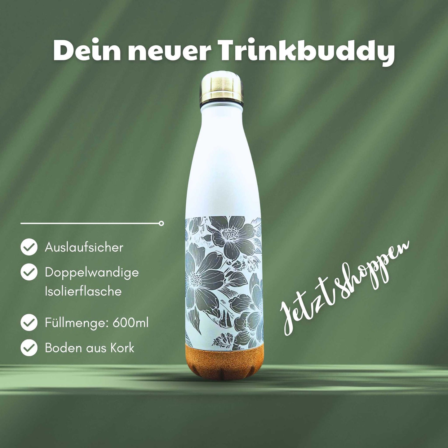 Eine weiße Isolierflasche mit Korkboden und einem Motiv von Blumen auf der Flasche