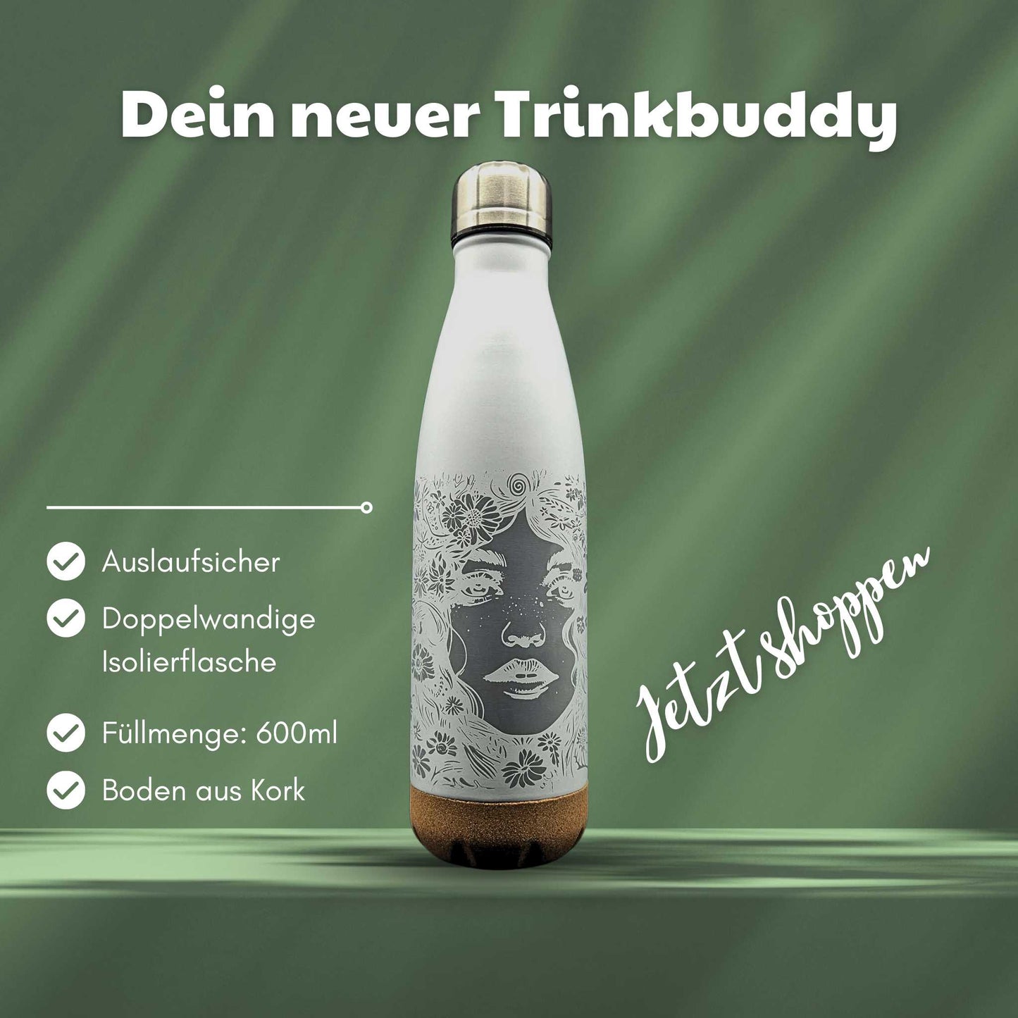Eine weiße Isolierflasche mit Korkboden und einem Motiv von einem Blumenmädchen auf der Flasche