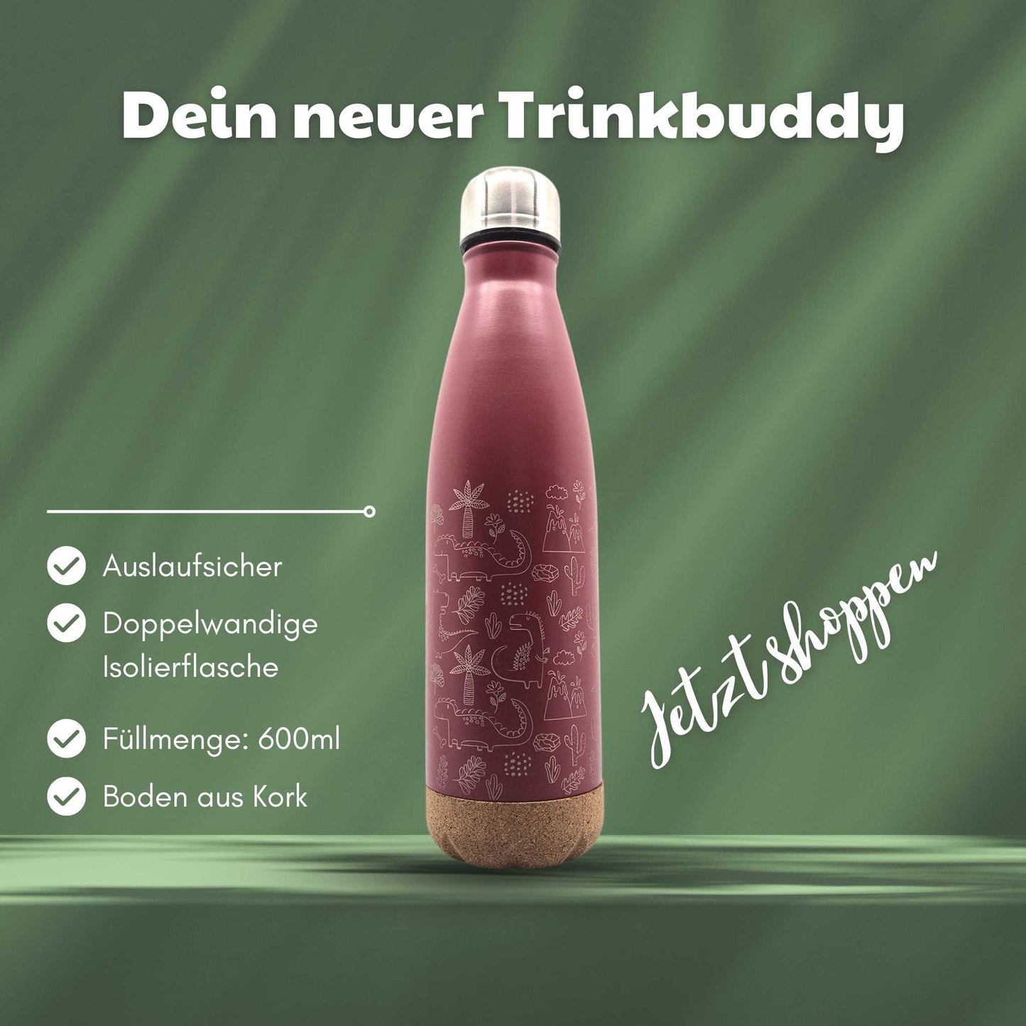 Eine rote Isolierflasche mit Korkboden und einem Dinosauriermotiv