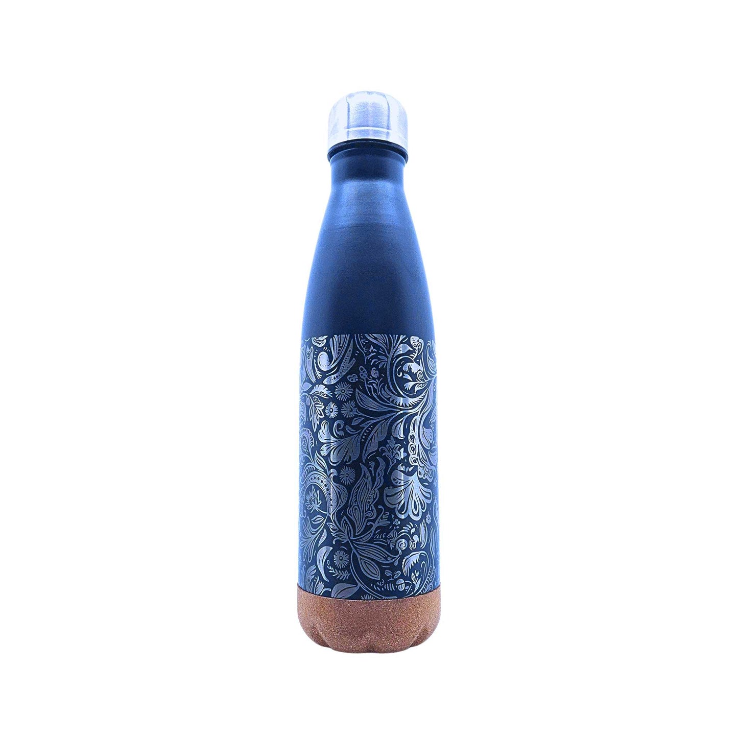 Eine blaue Isolierflasche mit Korkboden und einem Motiv von Blumen auf der Flasche