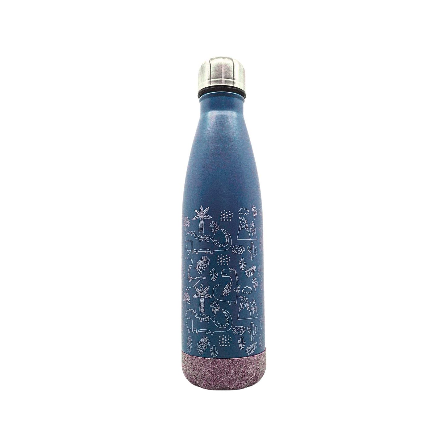 Eine marineblaue Isolierflasche mit Korkboden und einem Dinosauriermotiv