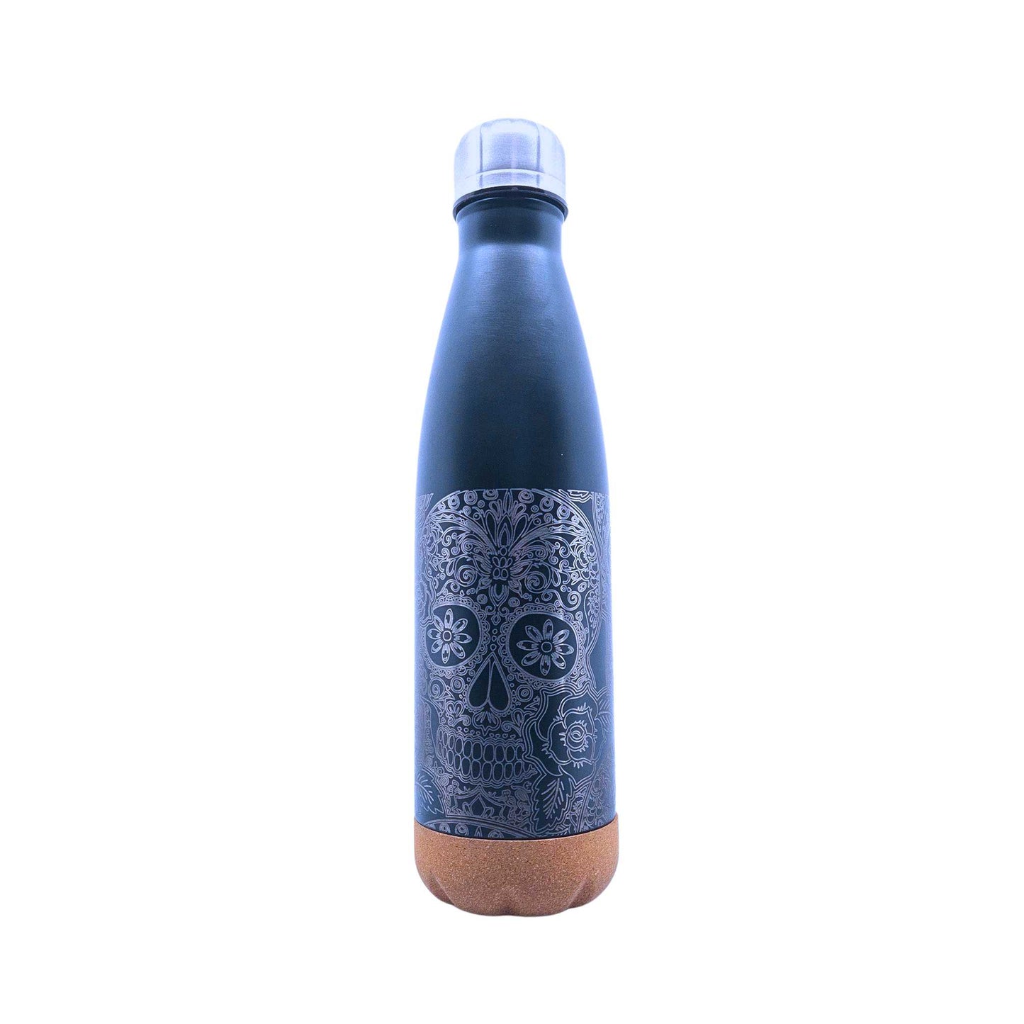 Marineblaue Isolierflasche mit Korkboden und einem Motiv eines Totenkopfs auf der Flasche