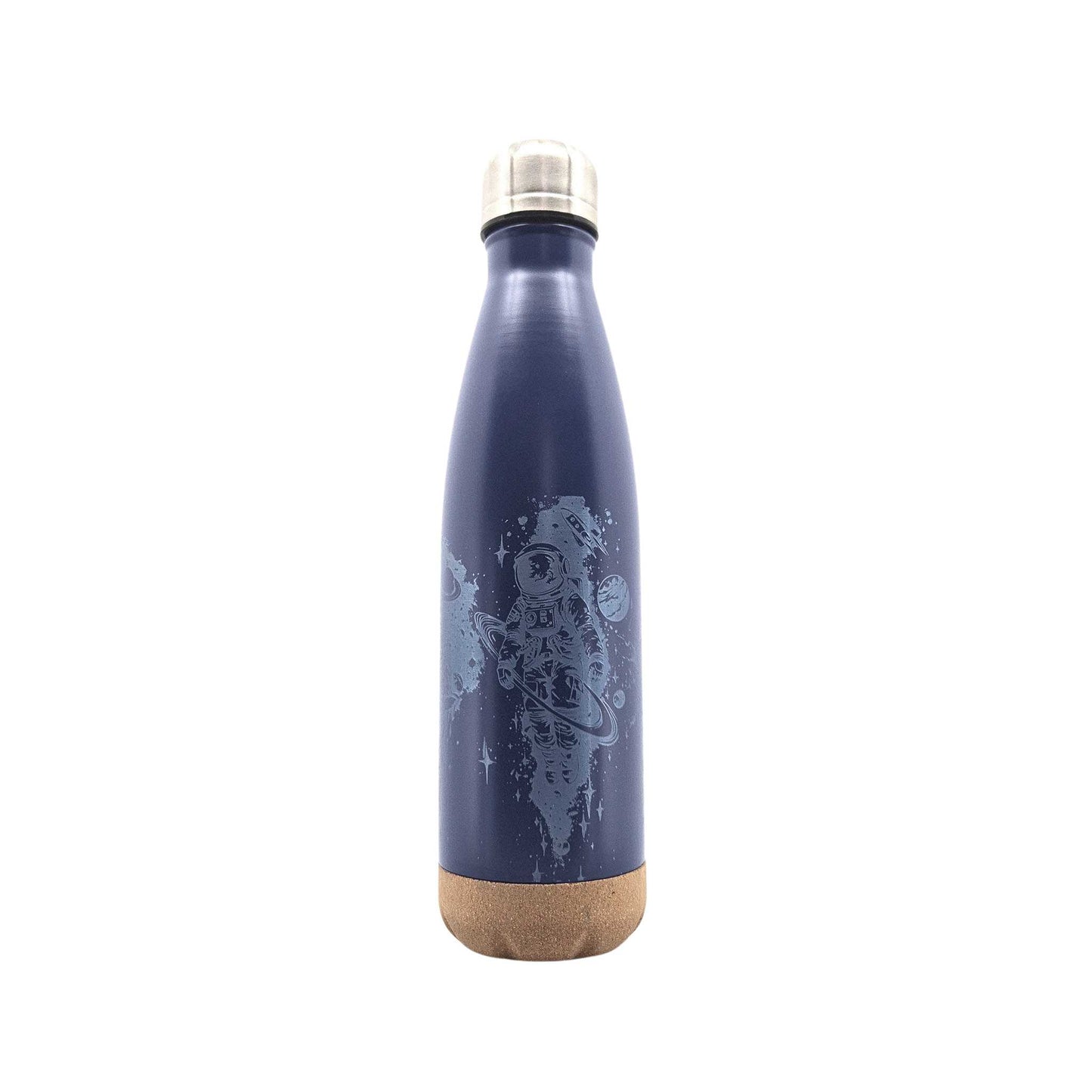 Marineblaue Isolierflasche mit Korkboden und einem Motiv eines Astronauts im Weltall