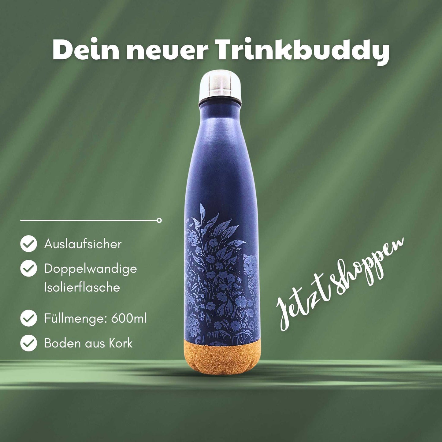 Blaue Isolierflasche mit Korkboden und einem Motiv aus einem Jaguar
