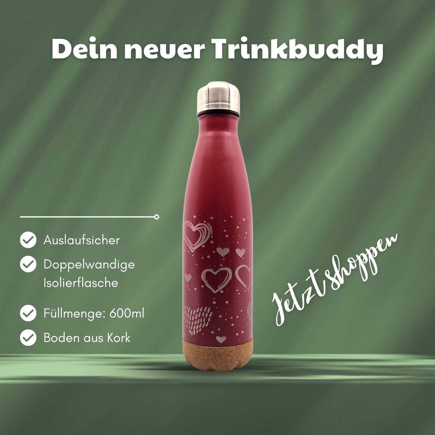 Rote Isolierflasche mit Korkboden und einer Abbildung von mehreren Herzen auf der Flasche