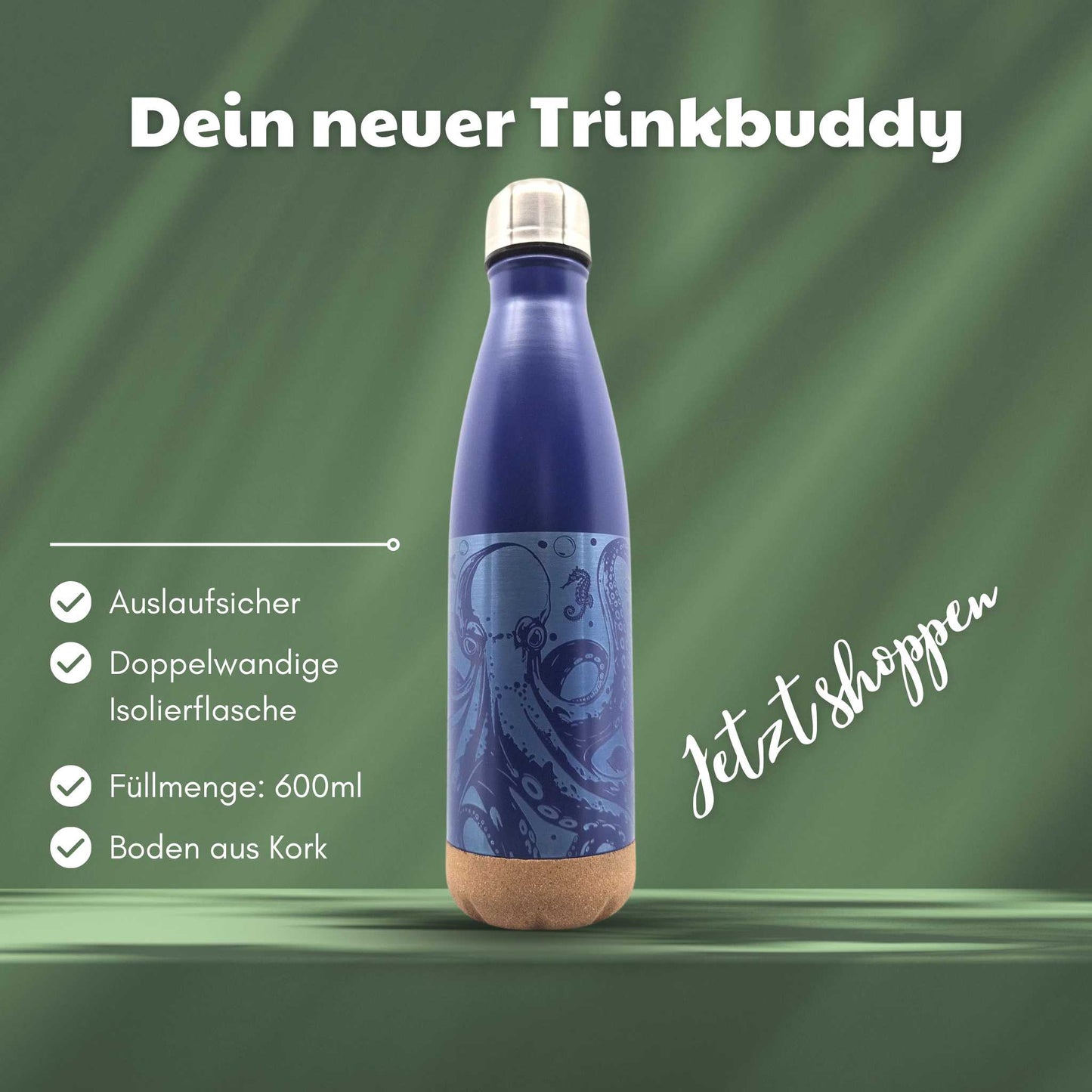 Blaue Isolierflasche mit Korkboden und einem Motiv eines Oktopus auf der Flasche