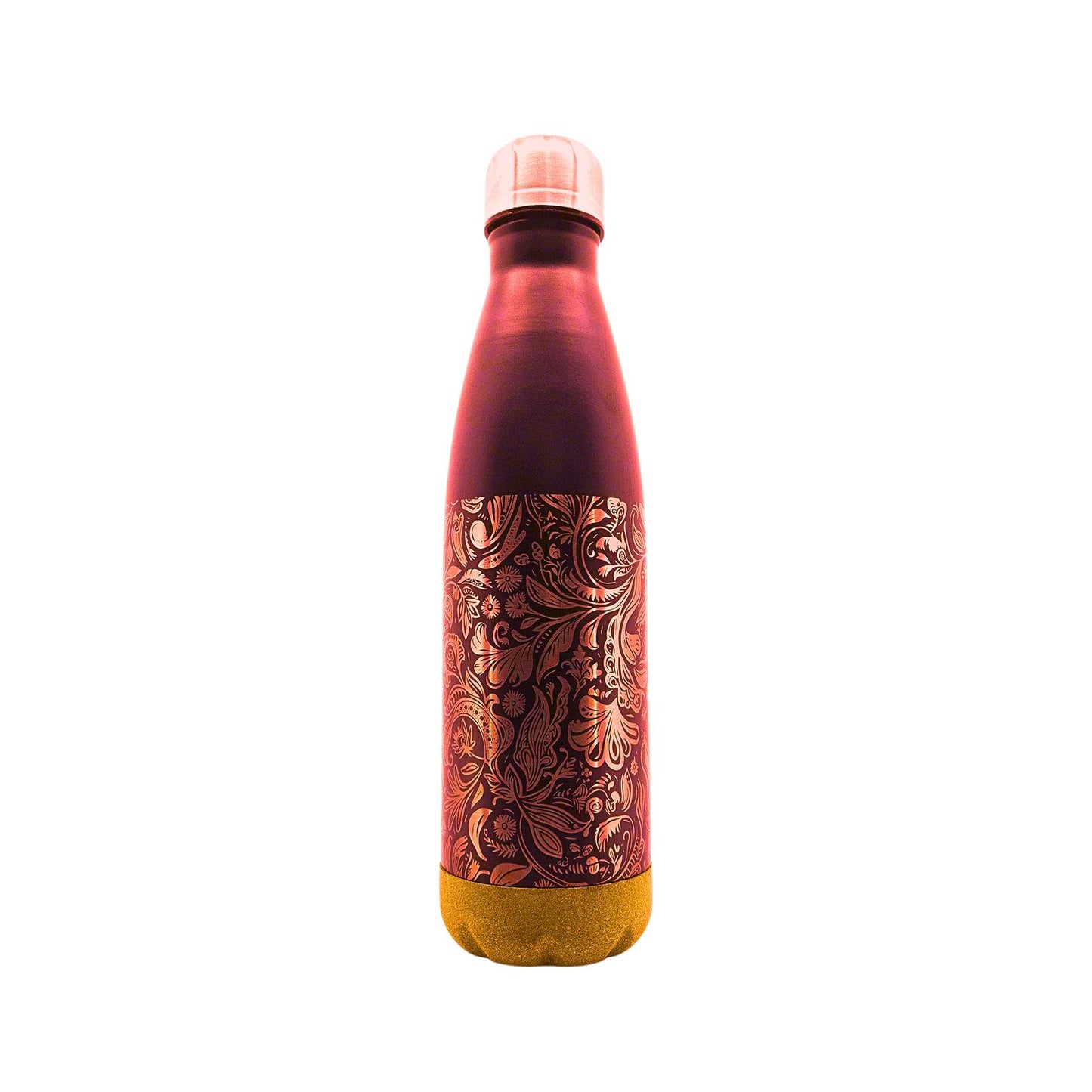 Eine rote Isolierflasche mit Korkboden und einem Motiv von Blumen auf der Flasche