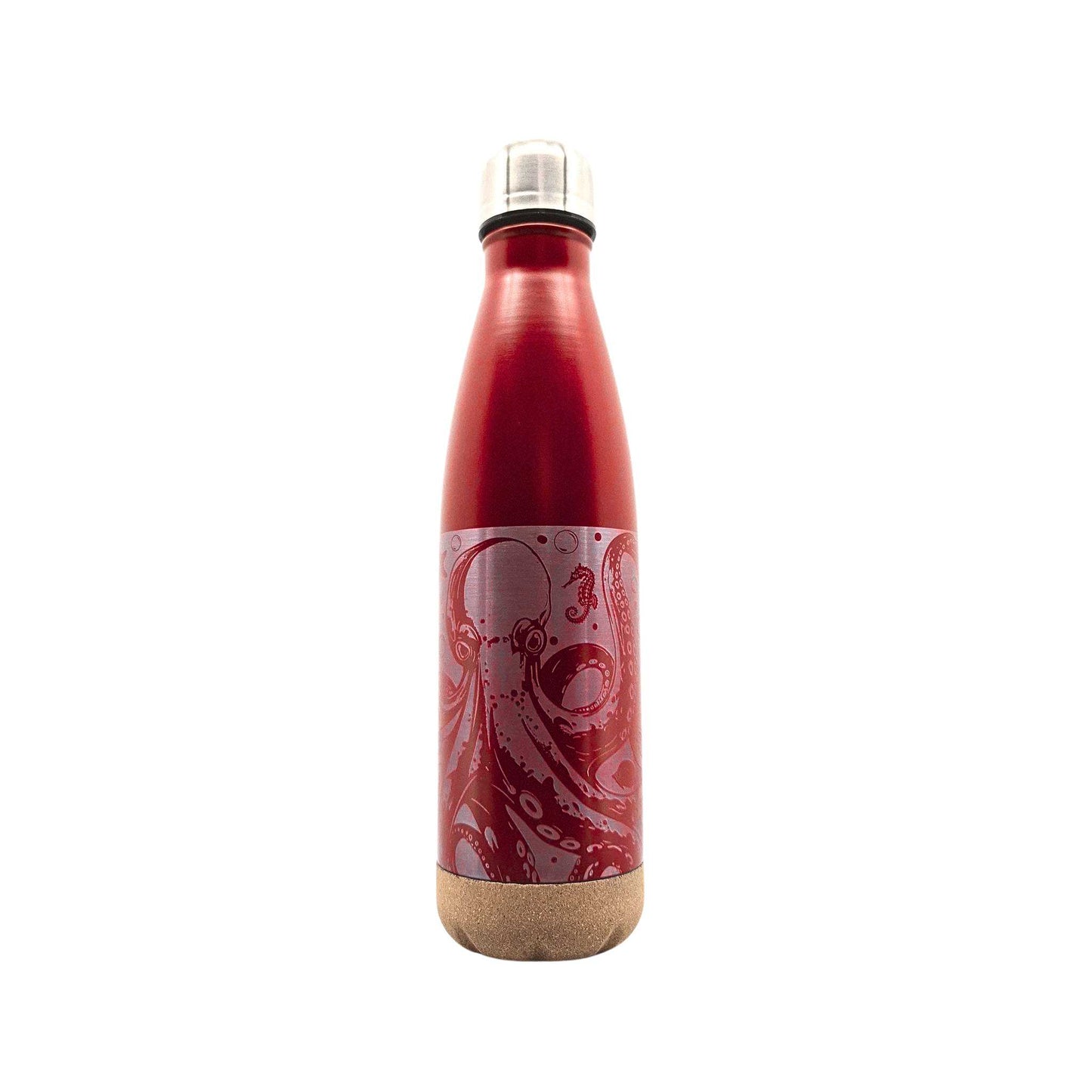Rote Isolierflasche mit Korkboden und einem Motiv eines Oktopus auf der Flasche