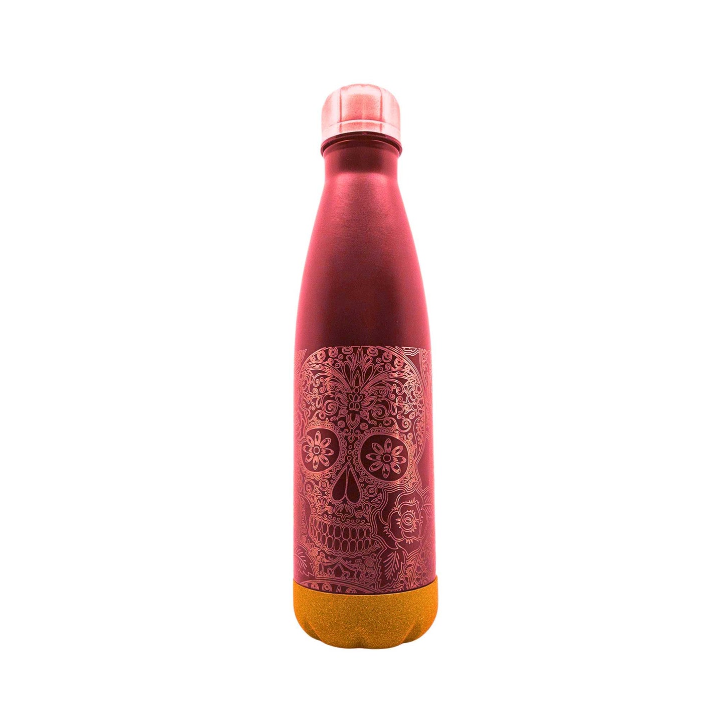 Rote Isolierflasche mit Korkboden und einem Motiv eines Totenkopfs auf der Flasche