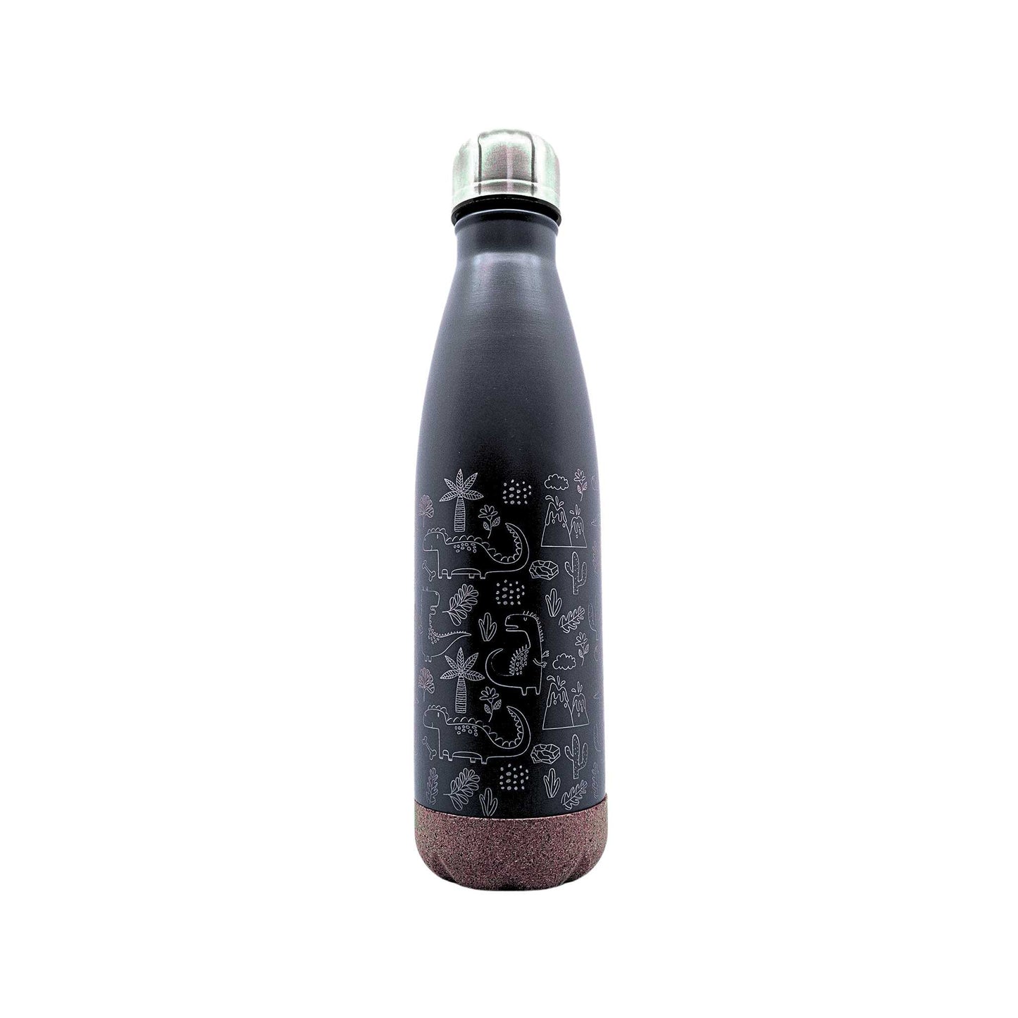 Eine schwarze Isolierflasche mit Korkboden und einem Motiv von Dinosaurier auf der Flasche