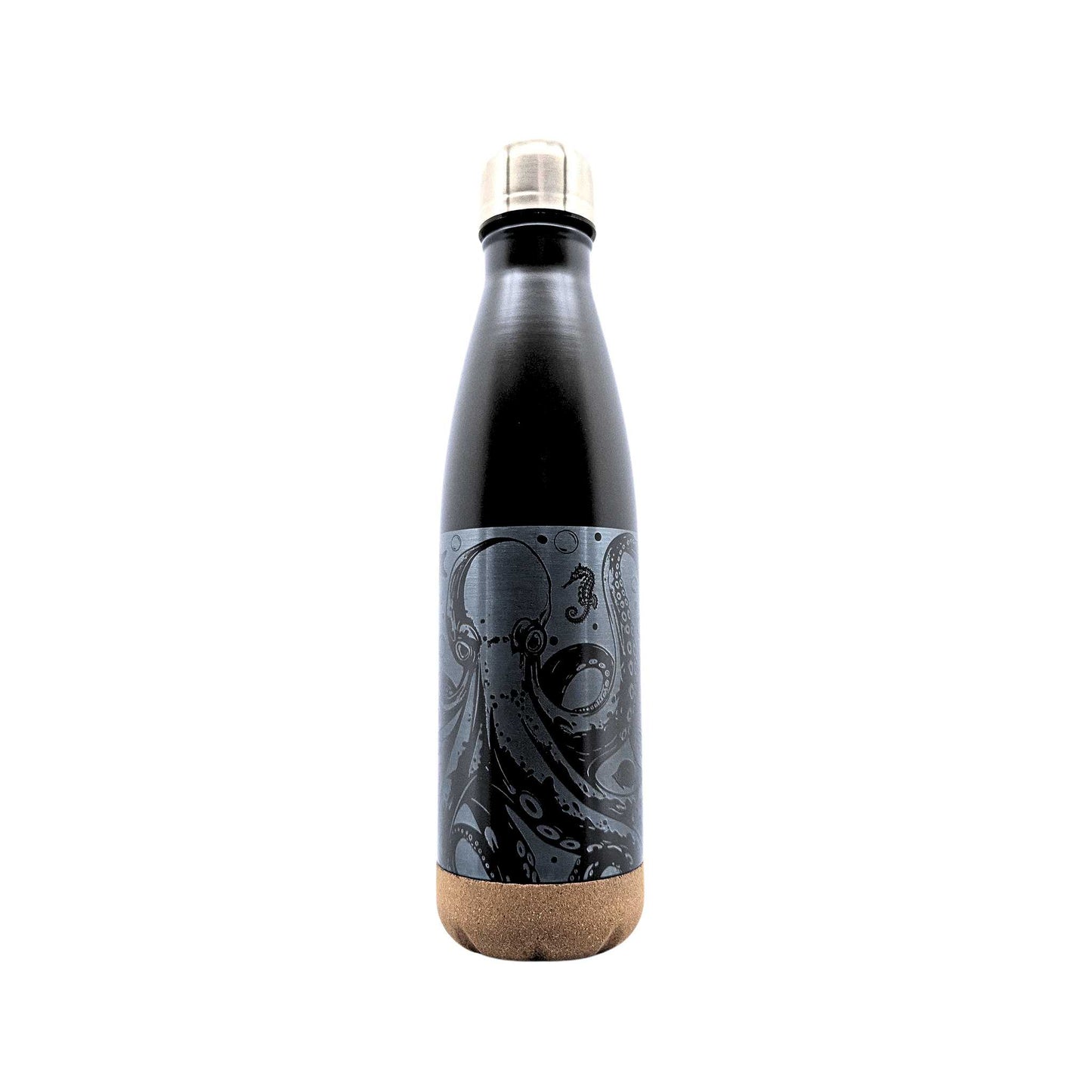 Schwarze Isolierflasche mit Korkboden und einem Motiv eines Oktopus auf der Flasche