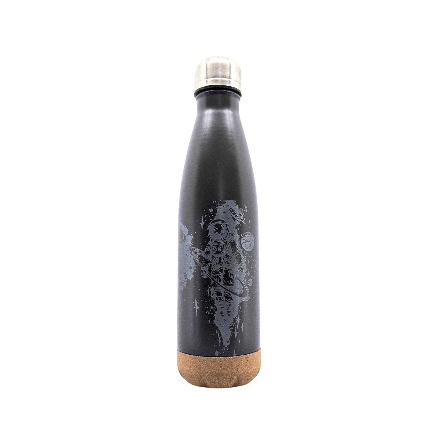 Schwarze Isolierflasche mit Korkboden und einem Motiv eines Astronauten im Weltall