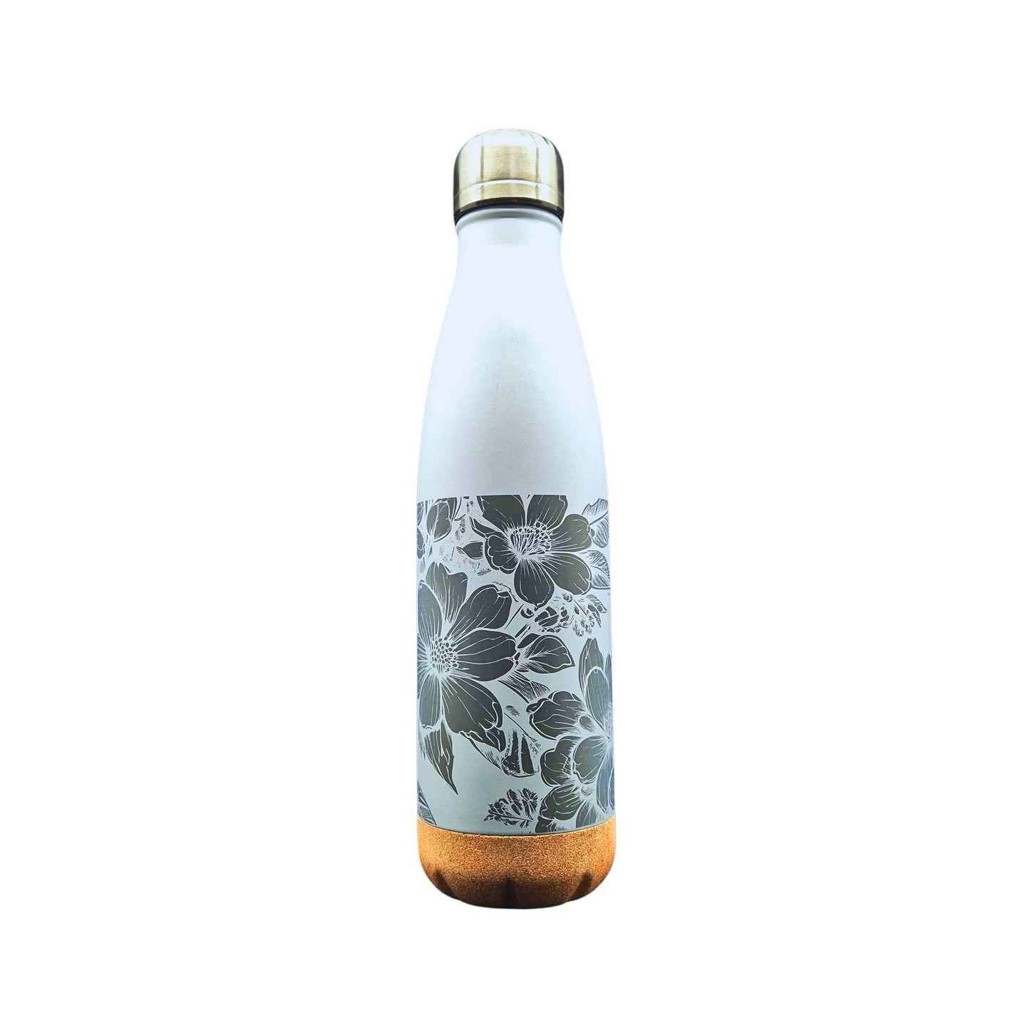 Eine weiße Isolierflasche mit Korkboden und einem Motiv von Blumen auf der Flasche