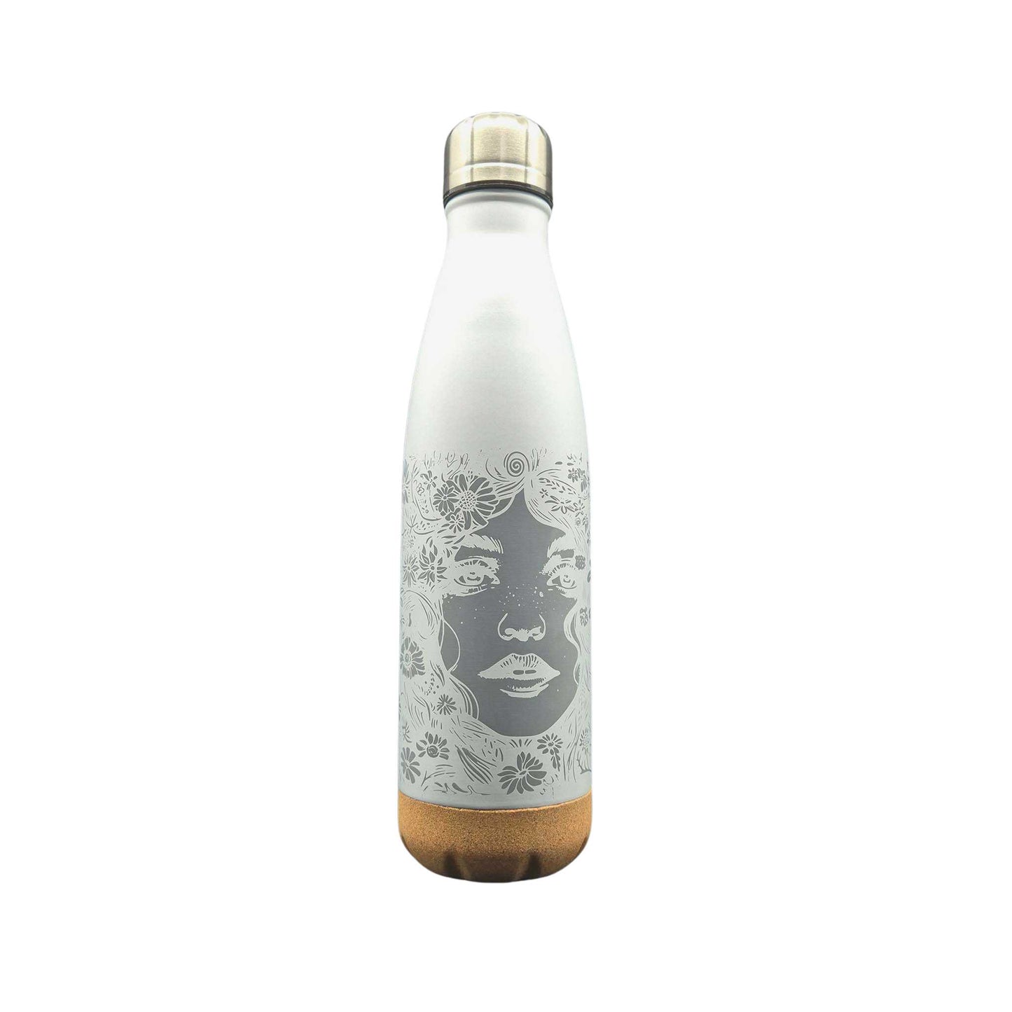 Eine weiße Isolierflasche mit Korkboden und einem Motiv von einem Blumenmädchen auf der Flasche