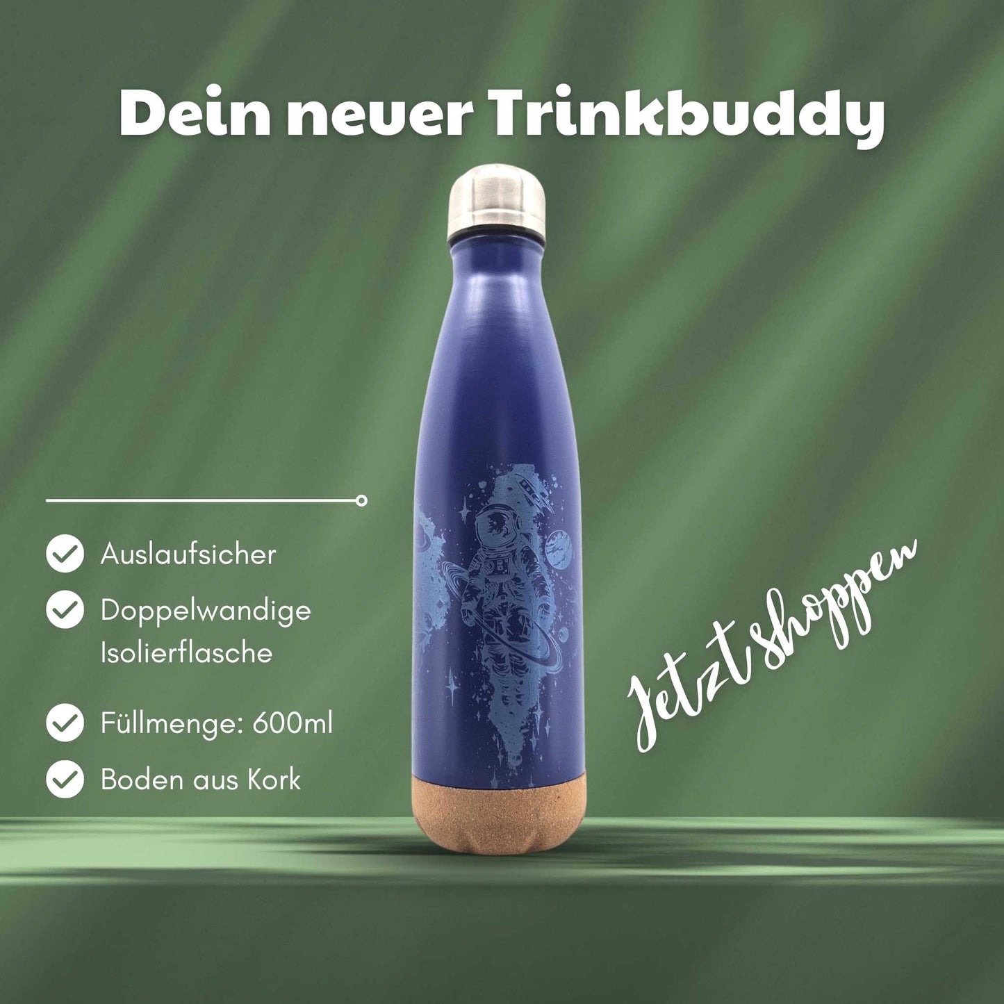 Blaue Isolierflasche mit Korkboden und einem Motiv eines Astronauts im Weltall