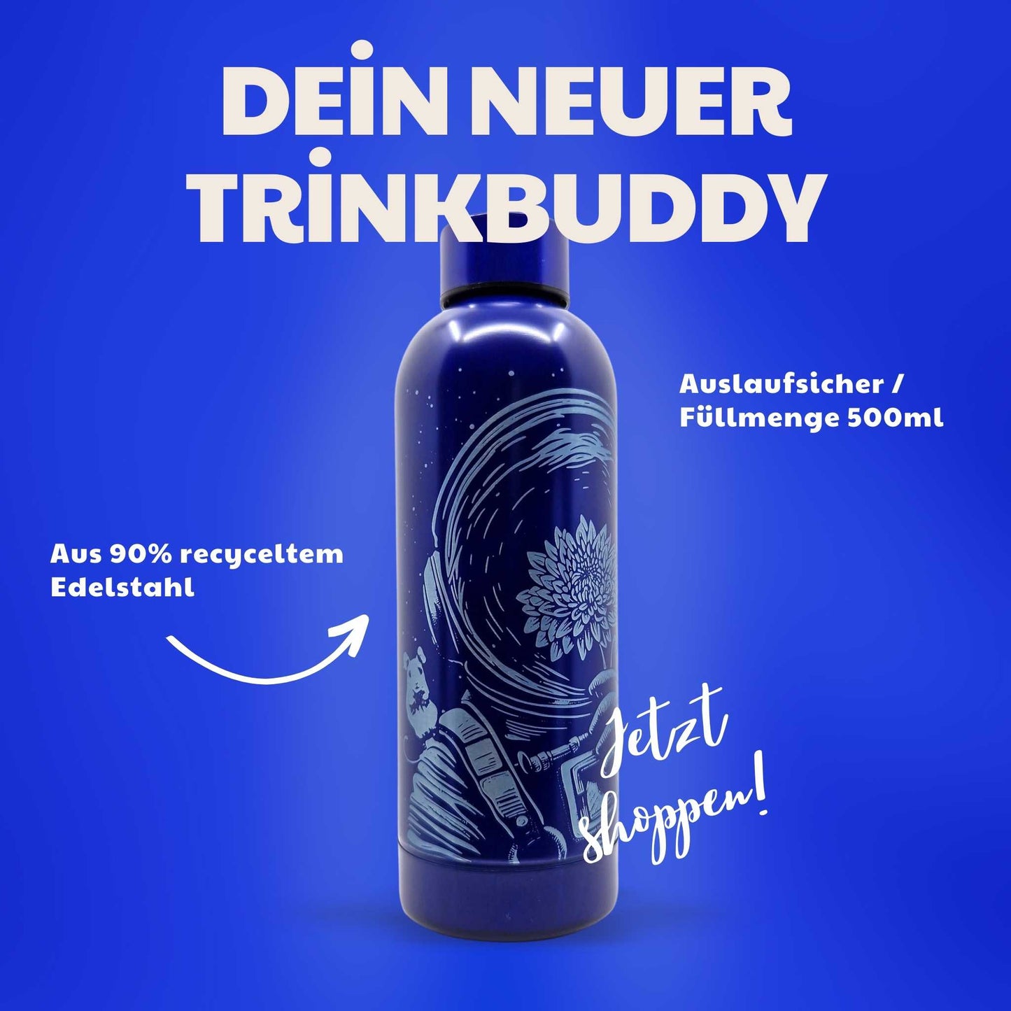 blaue Isolierflasche aus Edelstahl mit einem Astronauten im Weltall