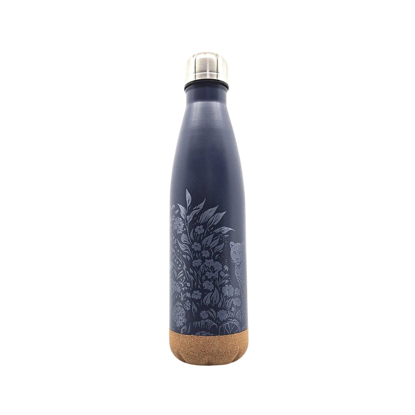 Marineblaue Isolierflasche mit Korkboden und einem Motiv aus einem Jaguar
