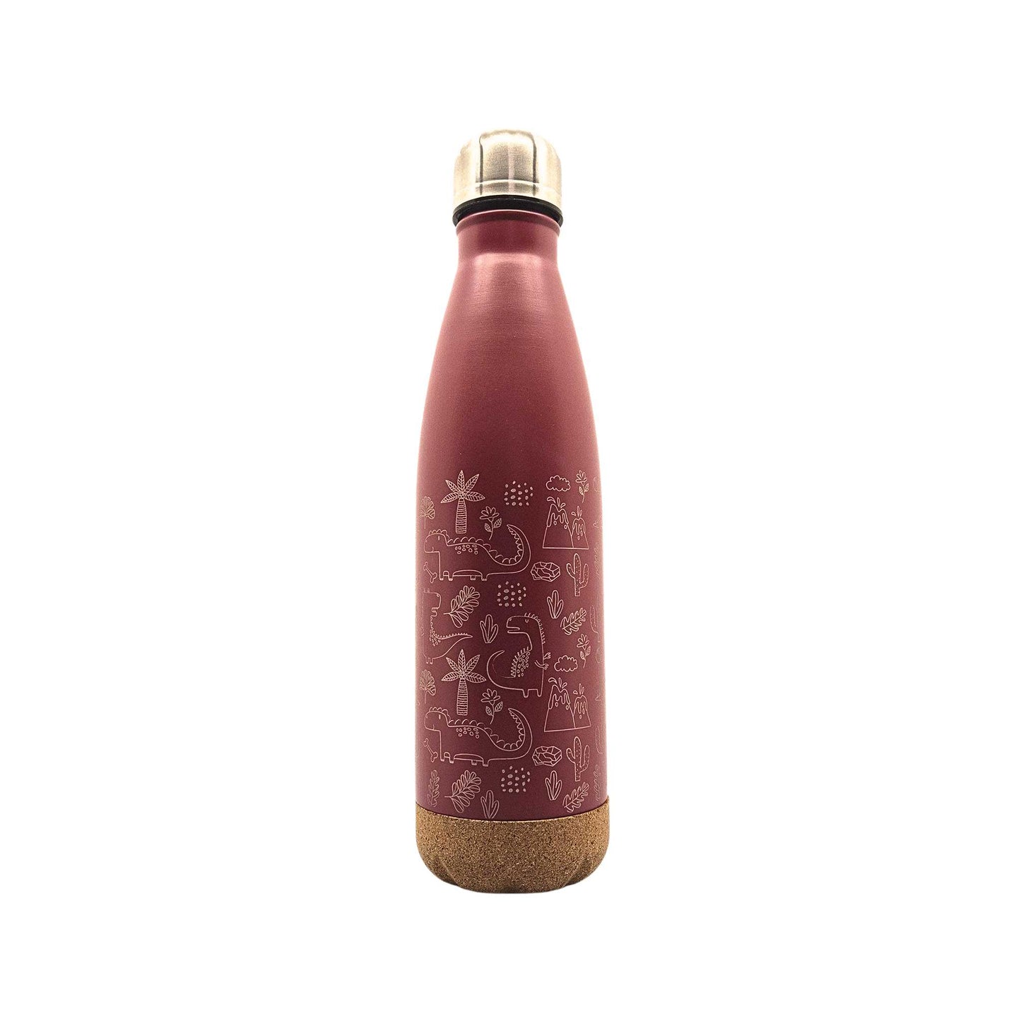 Eine rote Isolierflasche mit Korkboden und Dinosaurier auf der Flasche