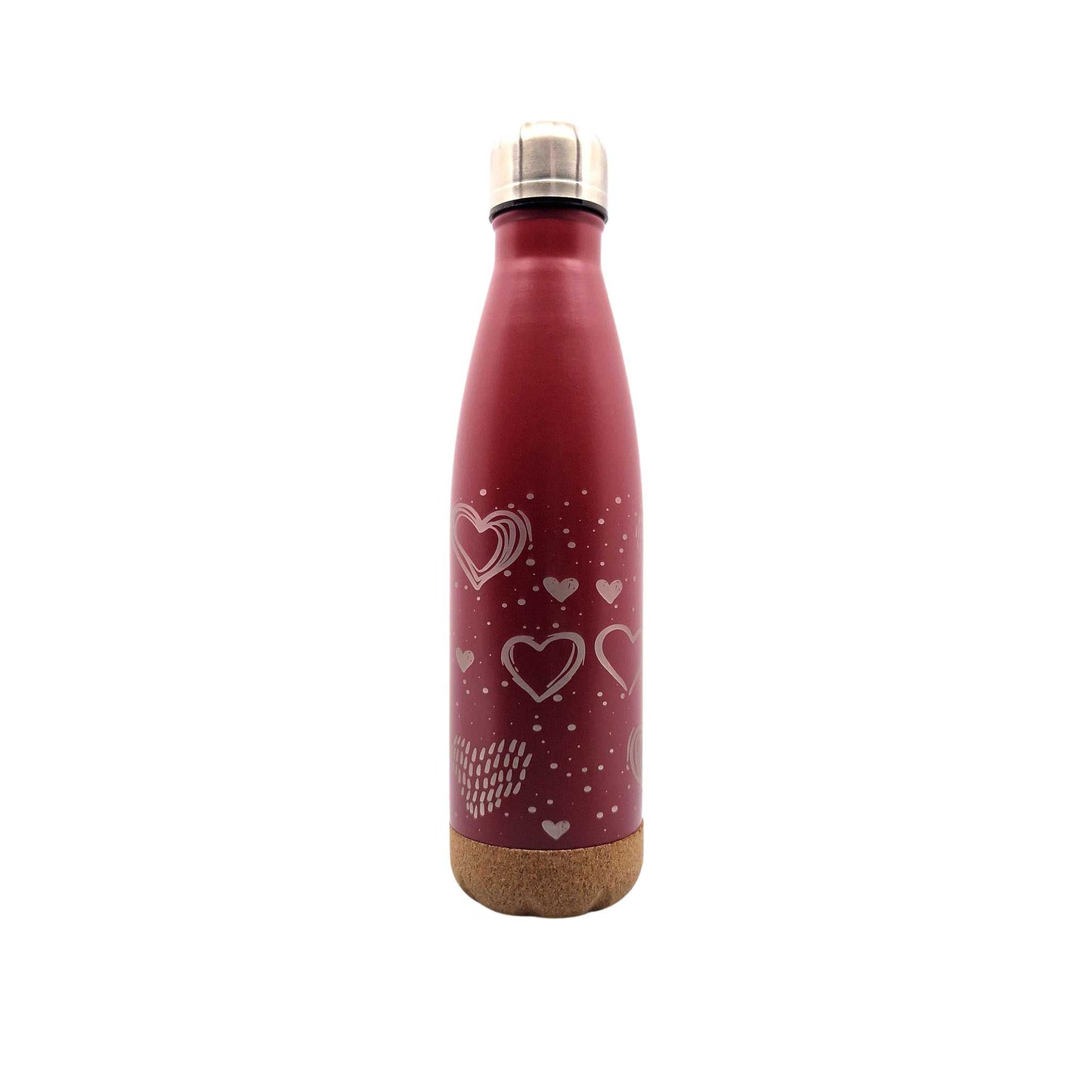 Rote Isolierflasche mit Korkboden und einer Abbildung von mehreren Herzen auf der Flasche