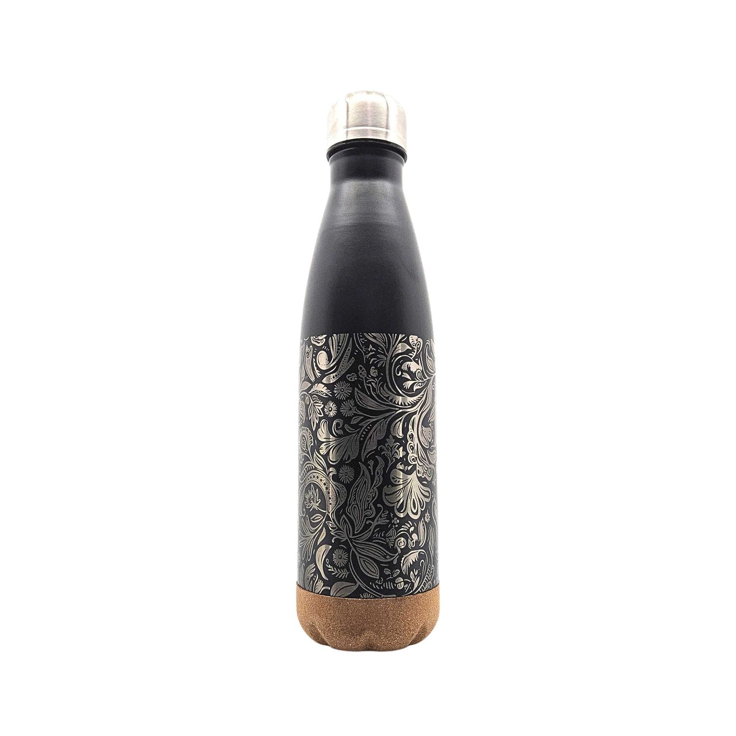 Eine schwarze Isolierflasche mit Korkboden und einem Motiv von Blumen auf der Flasche
