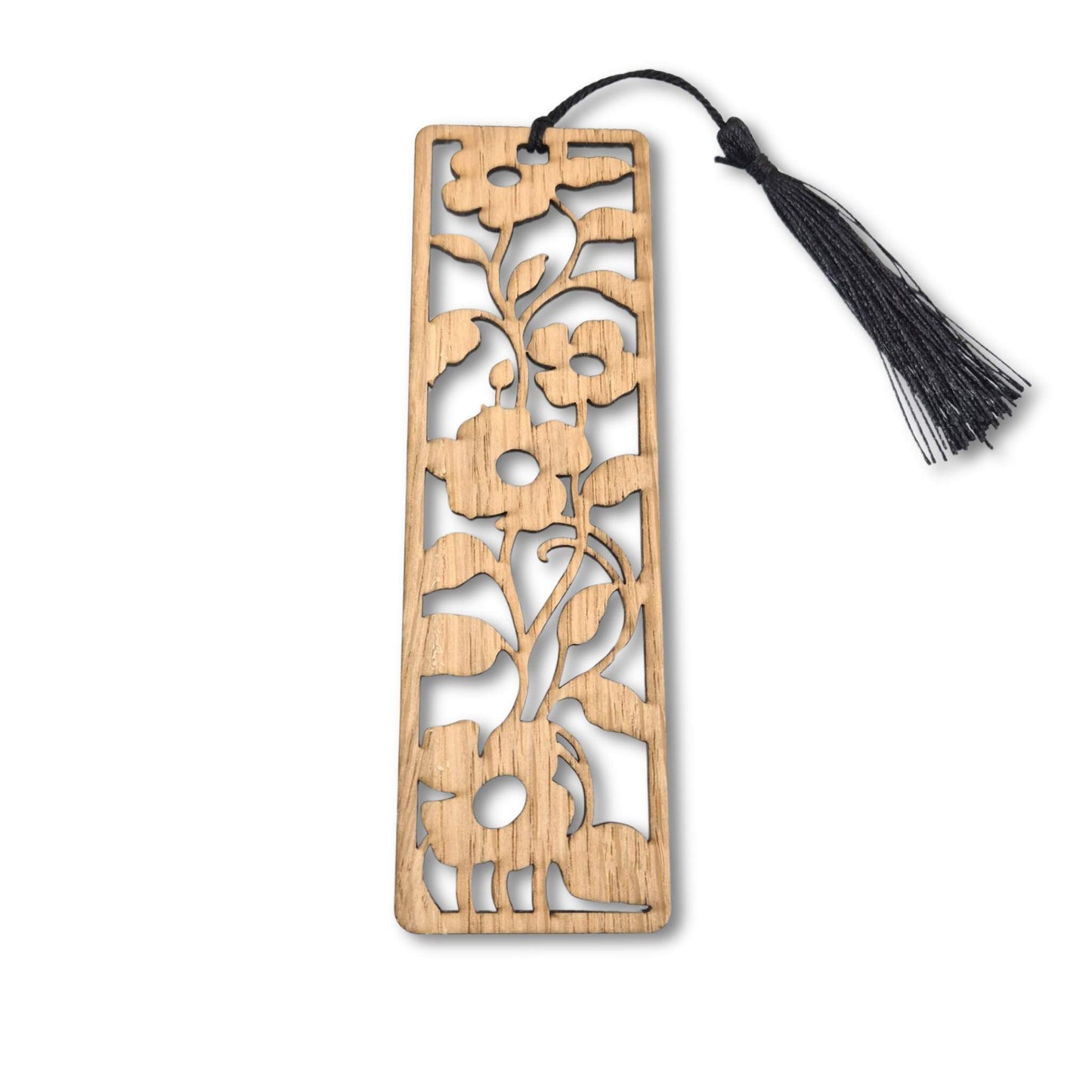 Lesezeichen aus Eiche mit graviertem Blumenmotiv 