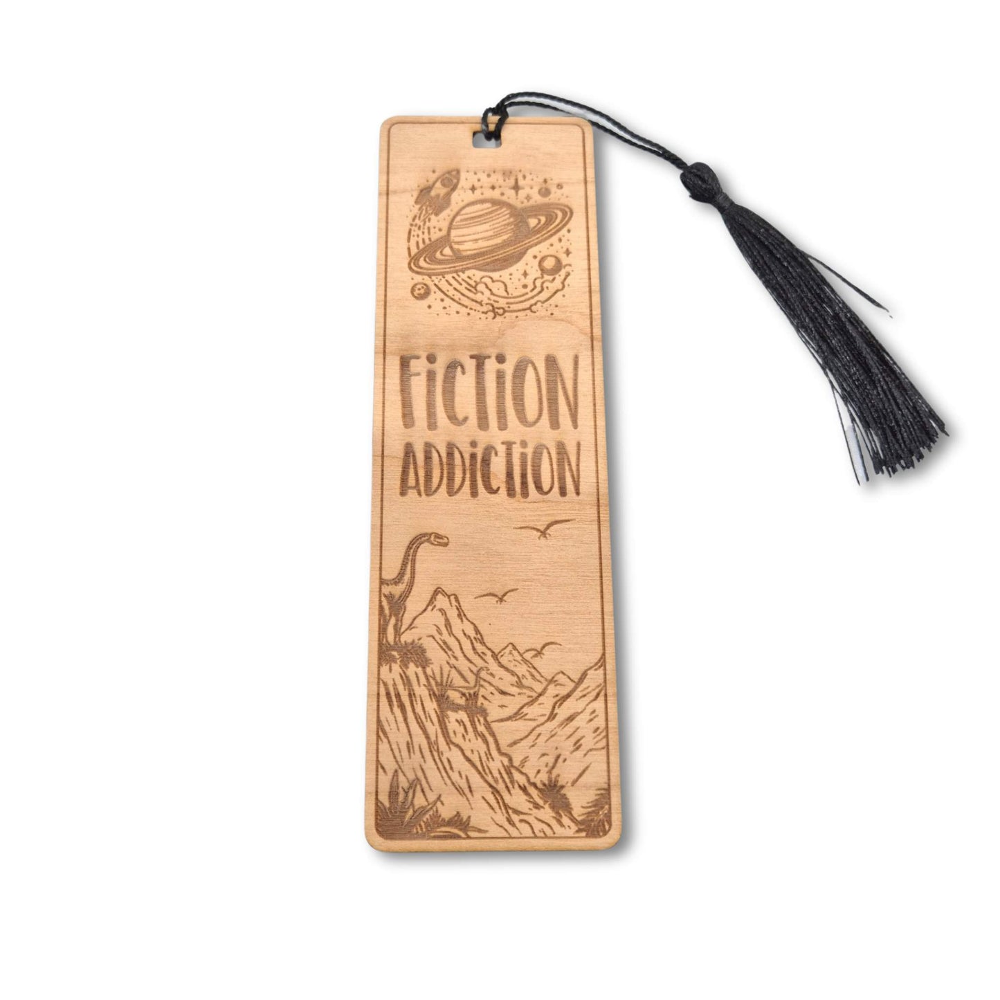 Lesezeichen aus Kirschbaum mit einer Motivgravur und dem Spruch: Fiction Addiction