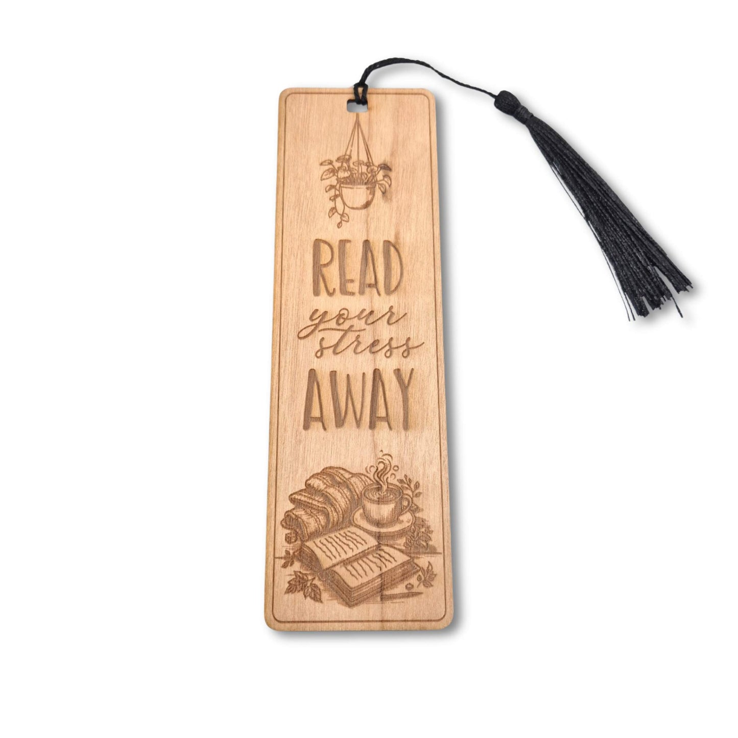 Lesezeichen aus Kirschbaum mit einer Motivgravur und dem Spruch: Read your stress away