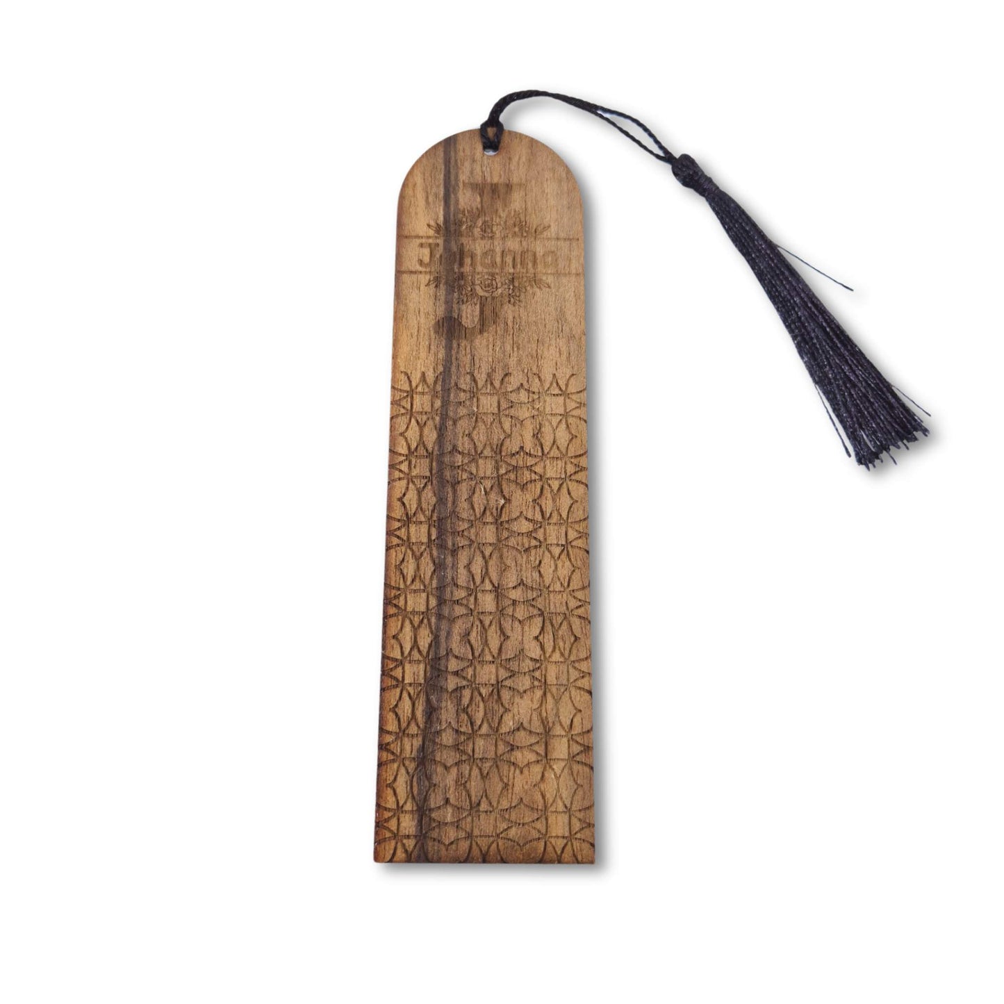 Lesezeichen aus Ziricote mit gravierten Initialen, einem Blumenmotiv  und geometrischen Formen