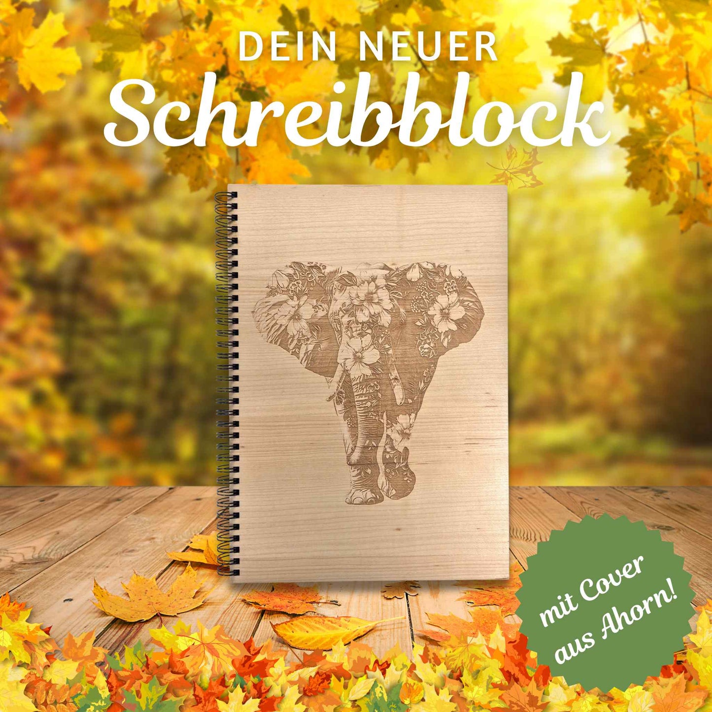 Notizblock mit einem Cover aus Ahorn und einer Gravur eines Elefanten