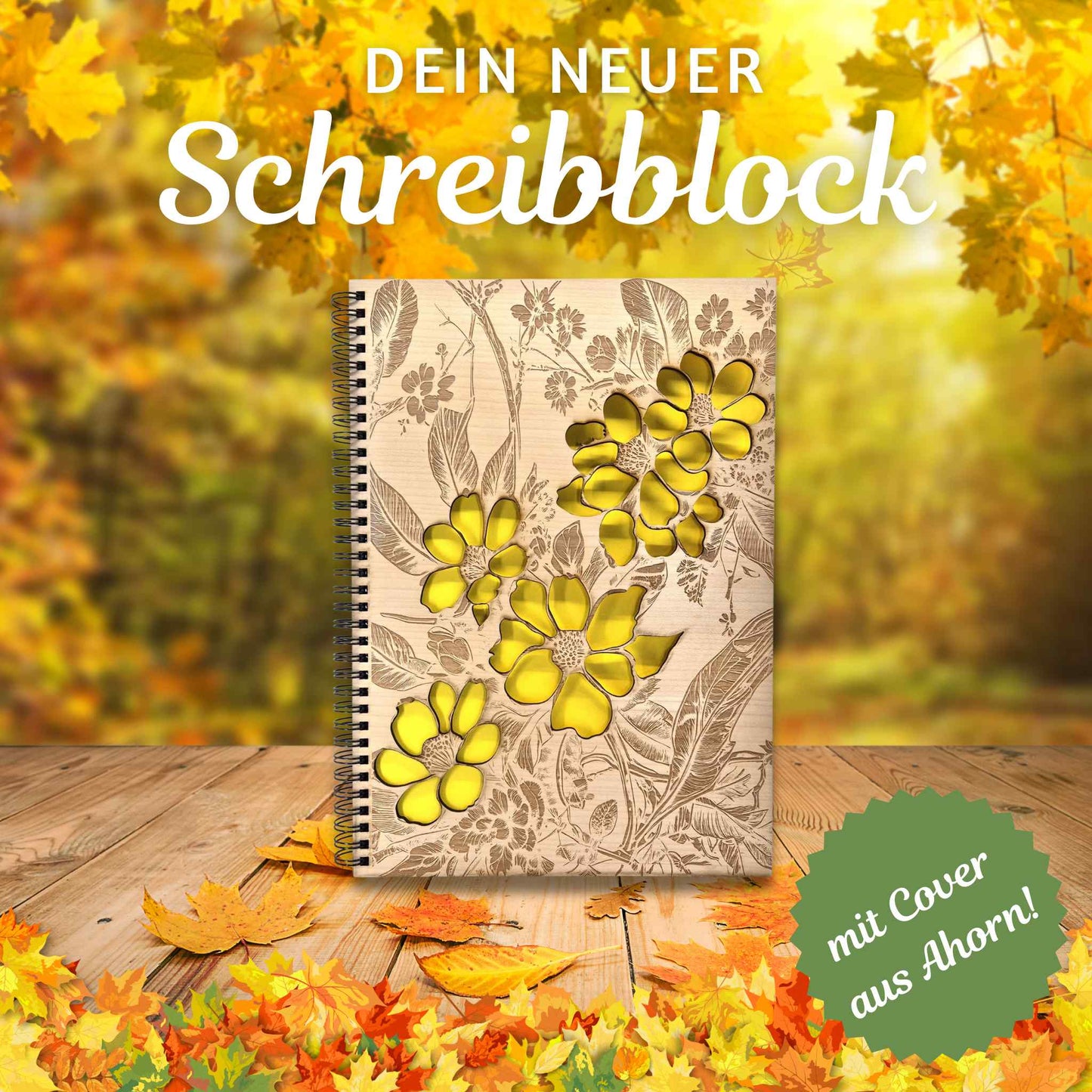 Notizblock mit einem Cover aus Ahorn und einer Gravur mit Blumen und gelben Blütenblätter