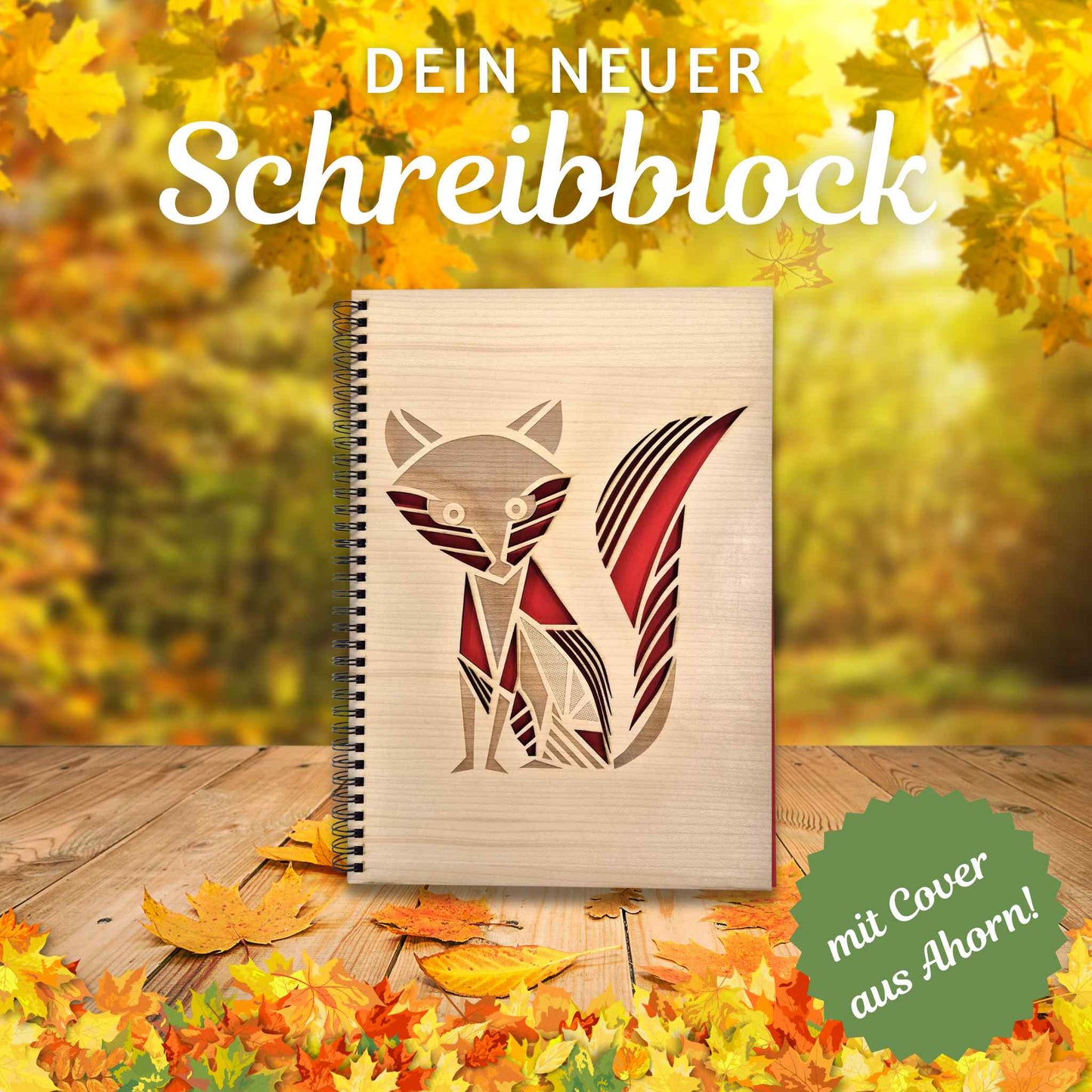 Edler Notizblock mit einem Cover aus Ahorn und einem Fuchs als Motiv