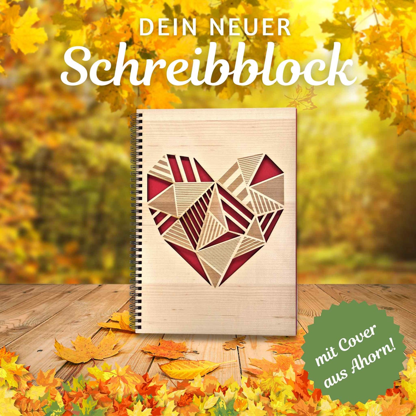 Edler Notizblock mit einem Cover aus Ahornholz und einem Herzmotiv