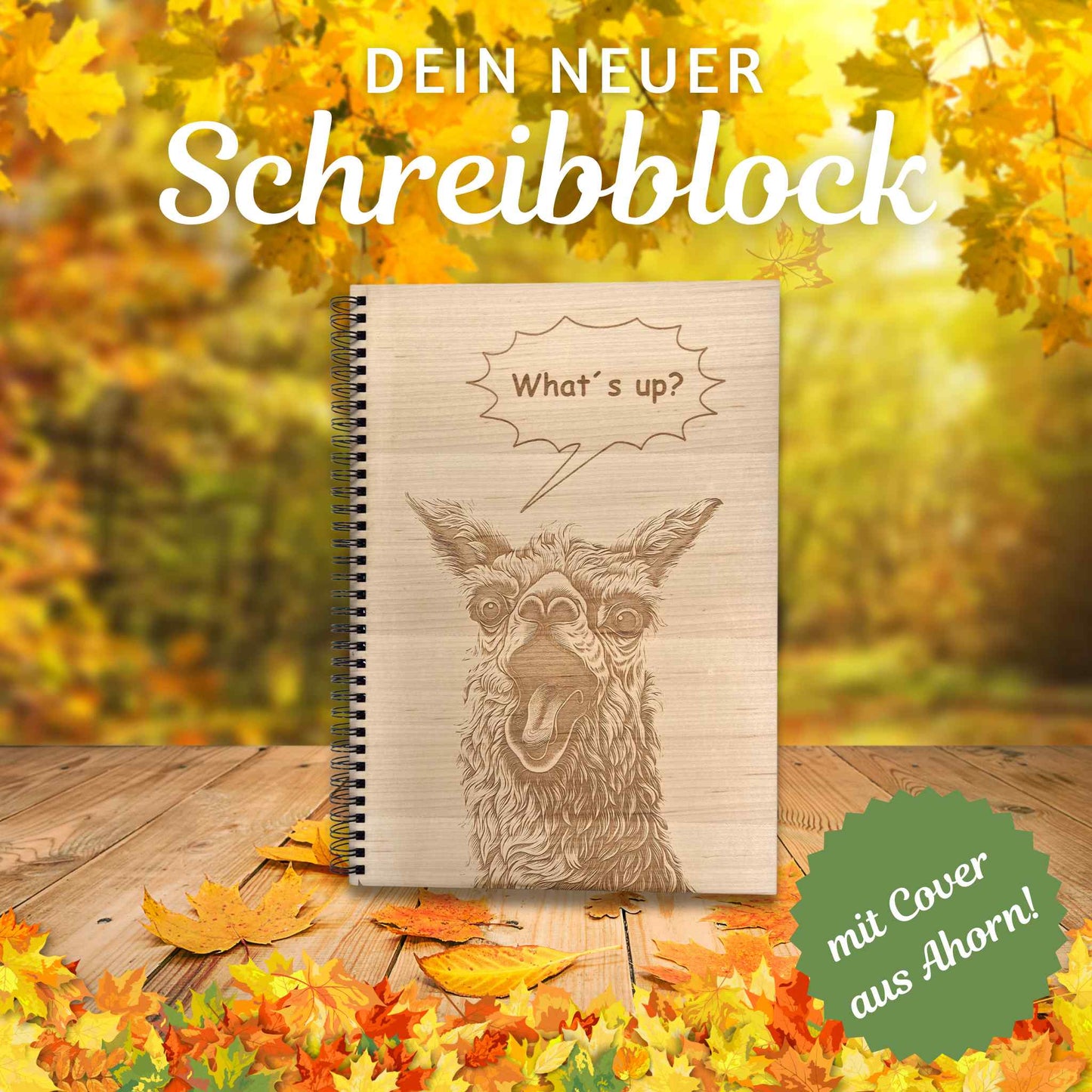 Notizblock mit einem Cover aus Ahornholz und einer Gravur mit einem Lamamotiv
