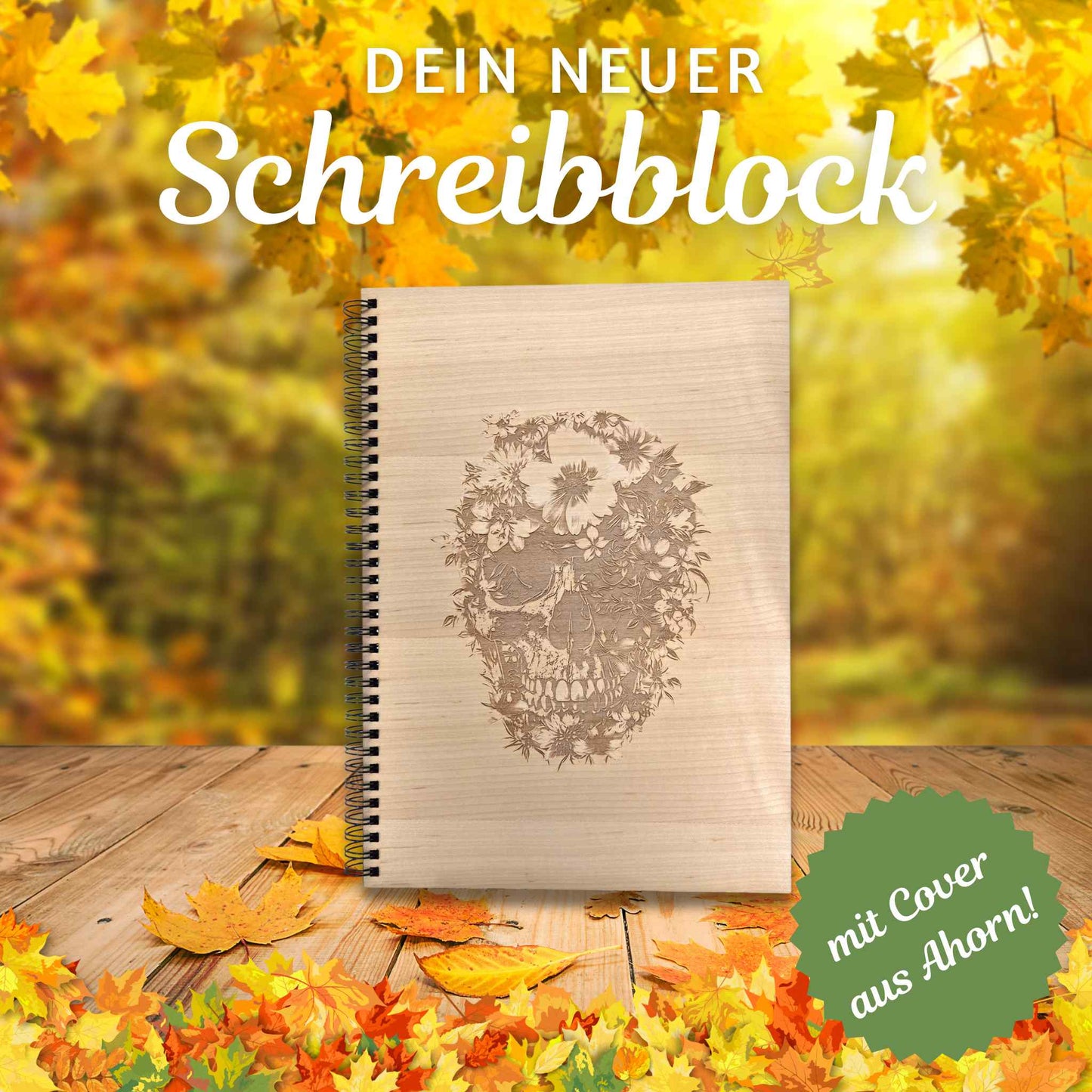 Notizblock mit einem Cover aus Ahorn und einer edlen Lasergravur mit einem Totenkopfmotiv