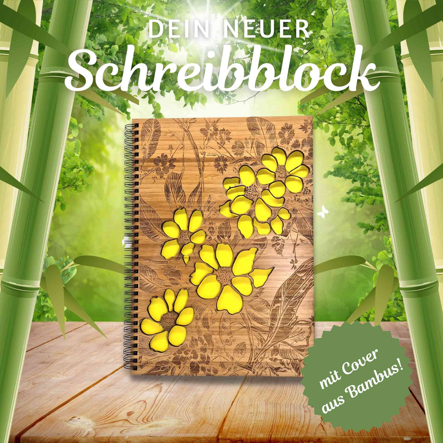Notizblock mit einem Cover aus Bambus mit einer Lasergravur und einem Blumenmotiv