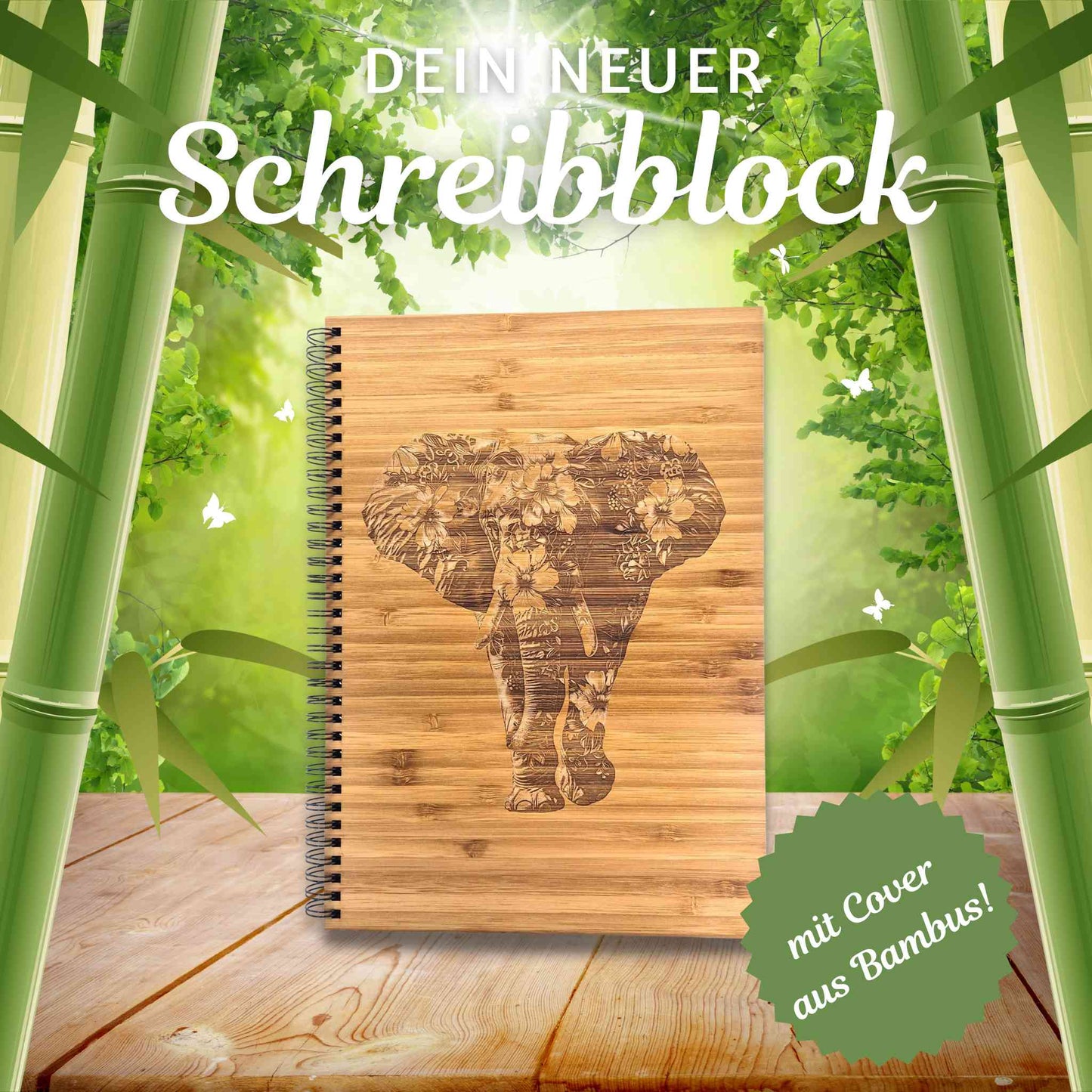 Edler Notizblock mit einem Cover aus Bambus auf dem ein Elefant abgebildet ist