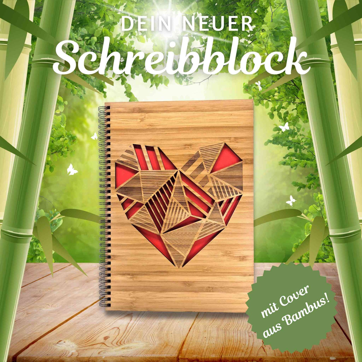 Notizblock mit Holzcover aus Bambus und einer edlen Lasergravur mit einem Herz