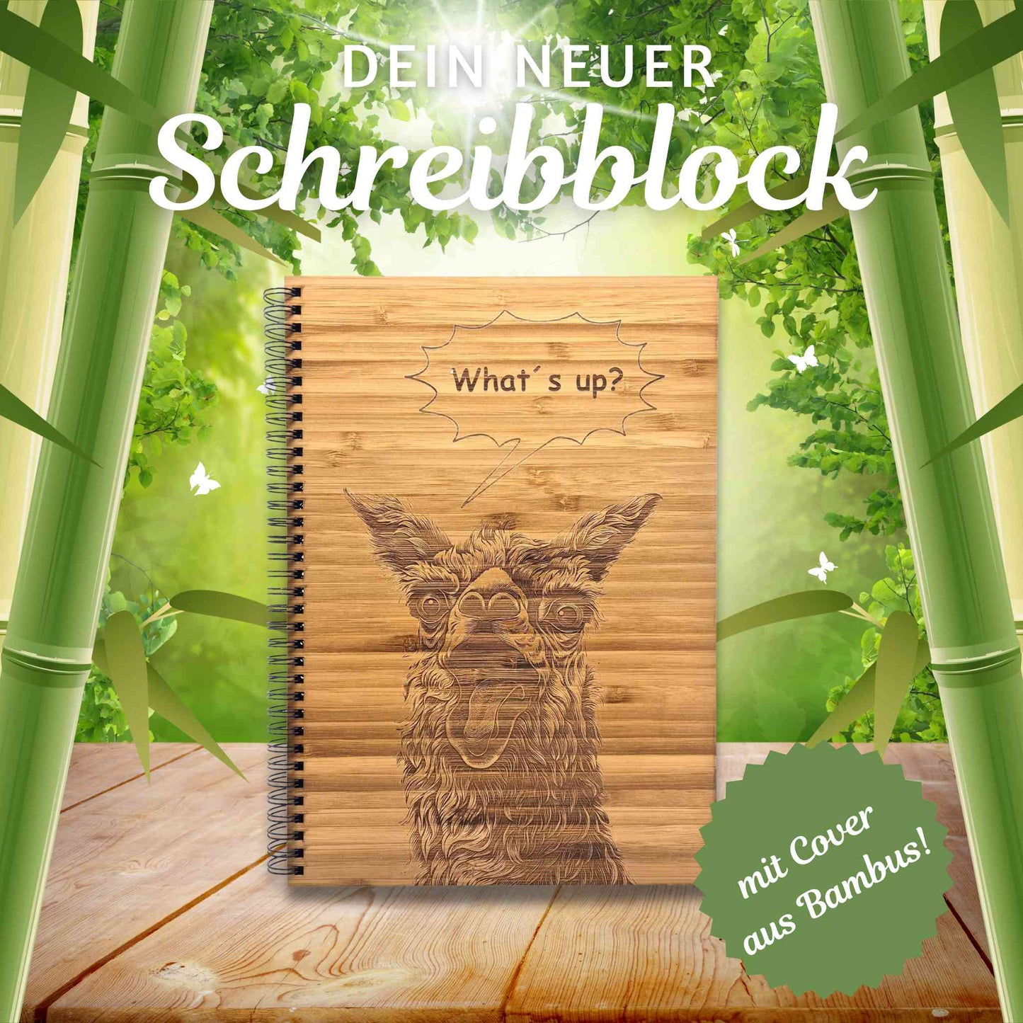 Notizblock mit Holzcover aus Bambus und einer Gravur eines Lamas mit einem witzigen Spruch
